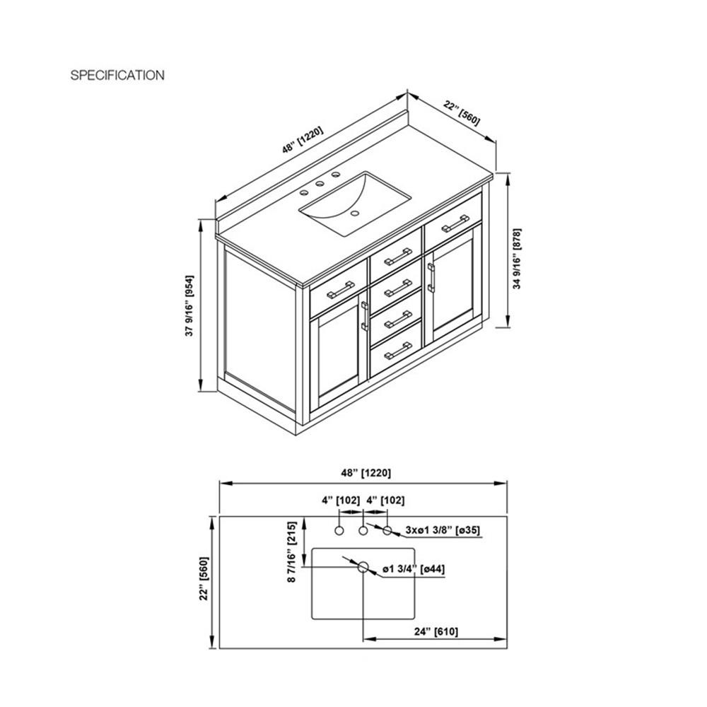 Pemberly Row 48″ Bathroom Vanity in Sahara Birch with White Countertop