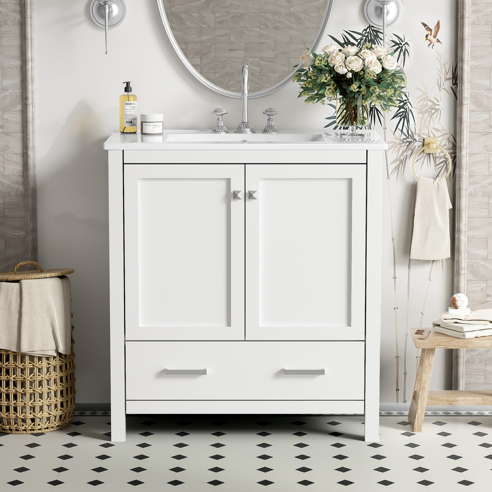 30″ White Bathroom Vanity with Single Sink & Soft Close Doors
