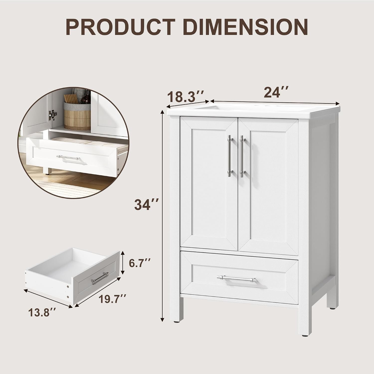 24″ White Bathroom Vanity w/ Sink & Drawer Modern Bath Storage Cabinet No Faucet