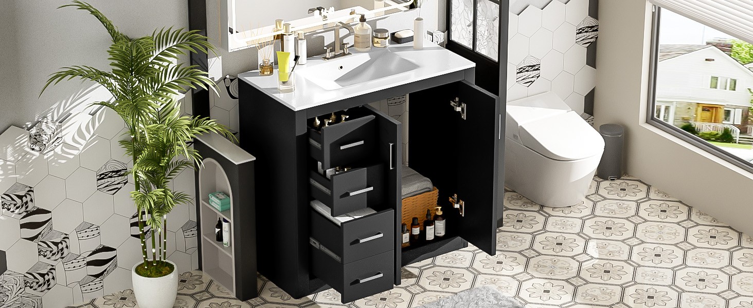 36″ Bathroom Vanity with Ceramic Sink, Solid Wood Frame, 3 Drawers