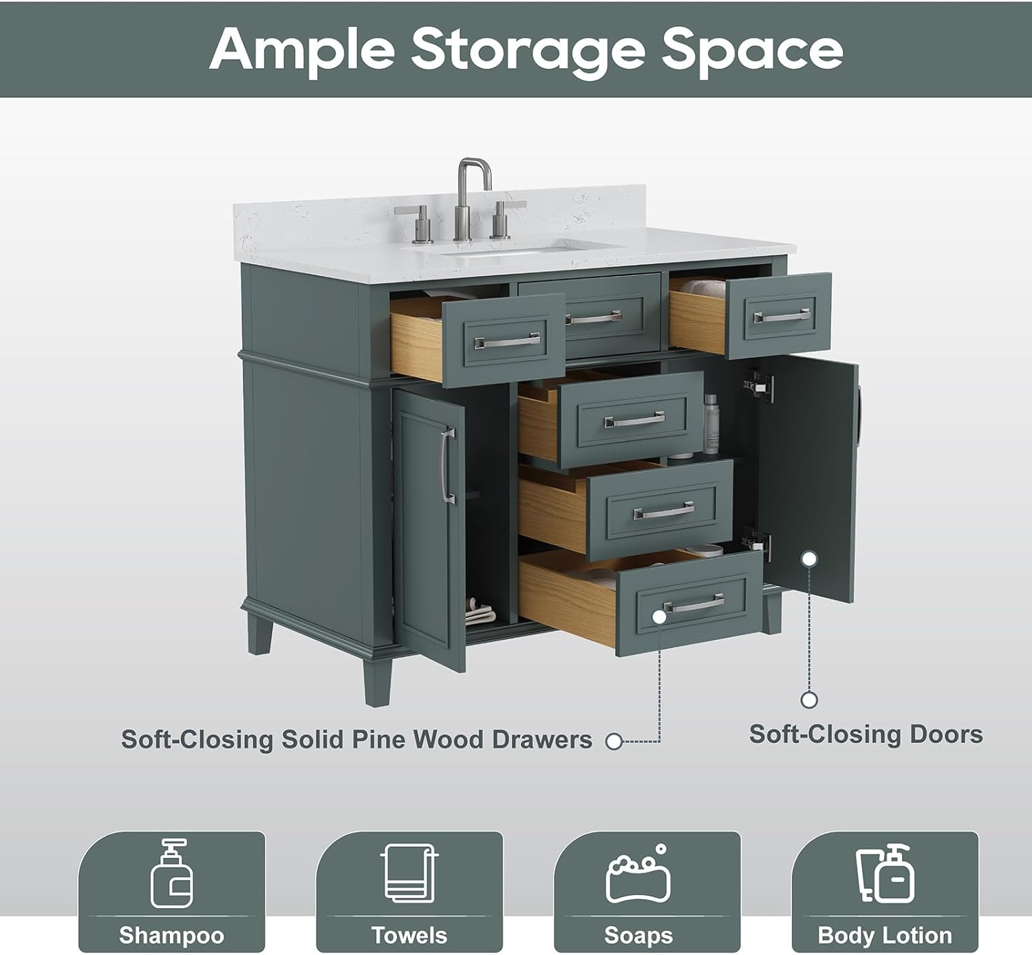 Modern 42″ Green Bathroom Vanity with Sink, Soft Close Doors & Dovetail Drawers