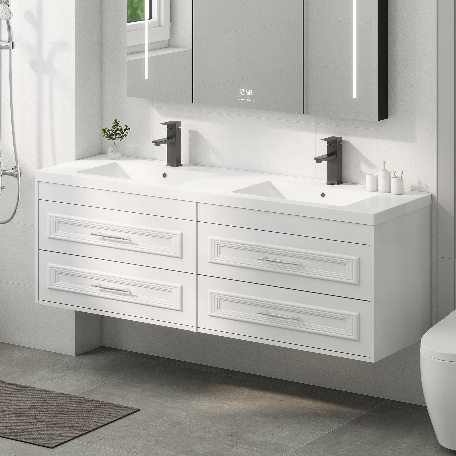 60″ White Wall Mounted Floating Vanity Bathroom Cabinet Soft Close Door & Sink