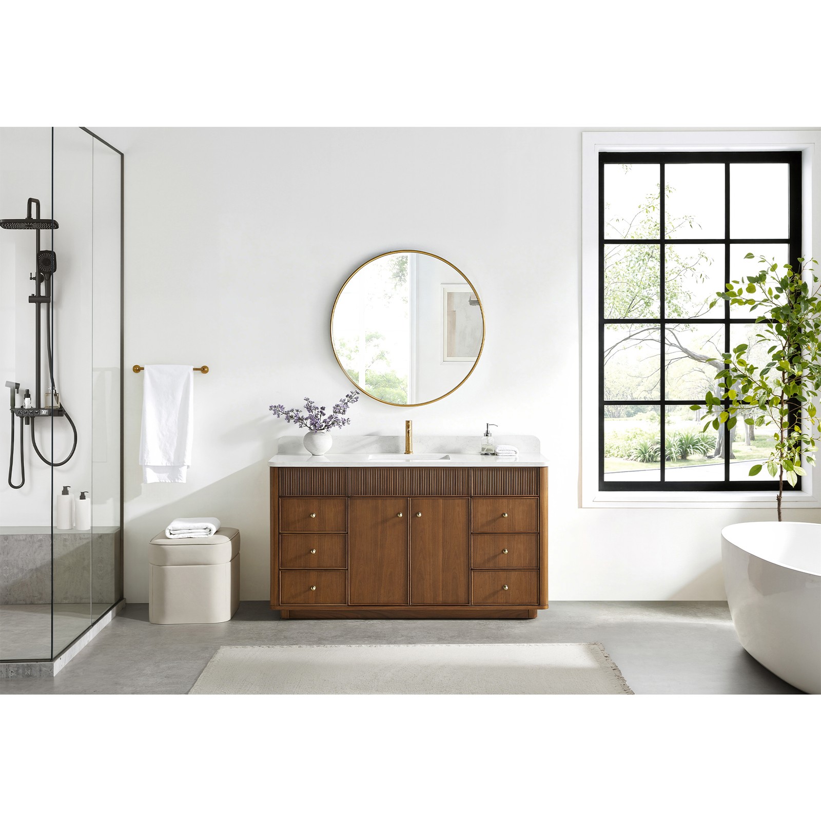 Zogno 60″ Single Sink Bath Vanity in Natural Walnut with White Grain Stone Top