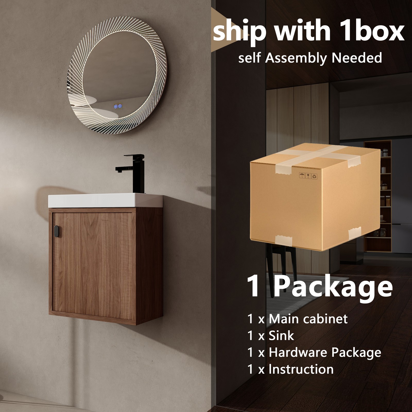 18.5″ Walnut Wall Mounted Floating Bathroom Vanity W/ Door Storage W/ Resin Sink