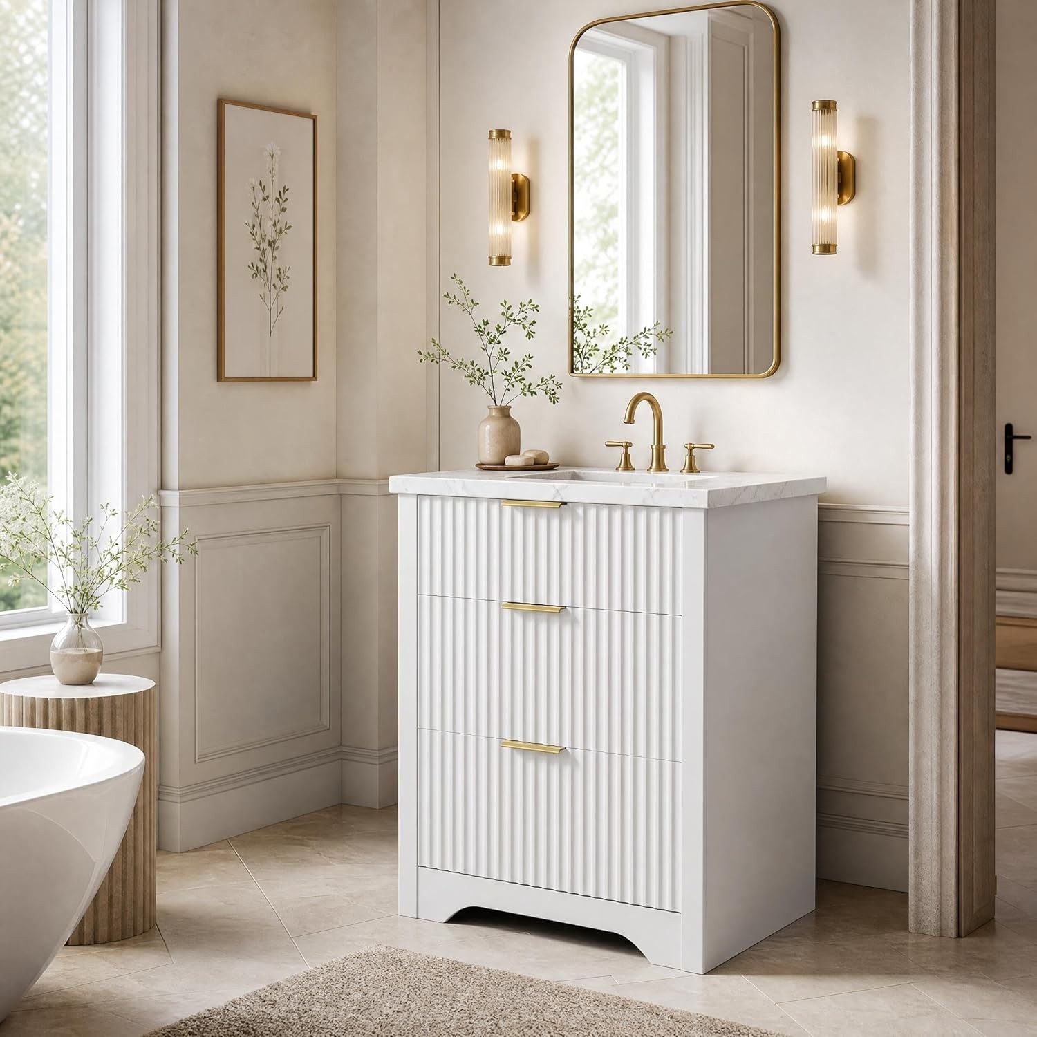 Bathroom Vanity w/ Sink,Fluted Freestanding Vanity Cabinet,Ceramic Basin Vanity