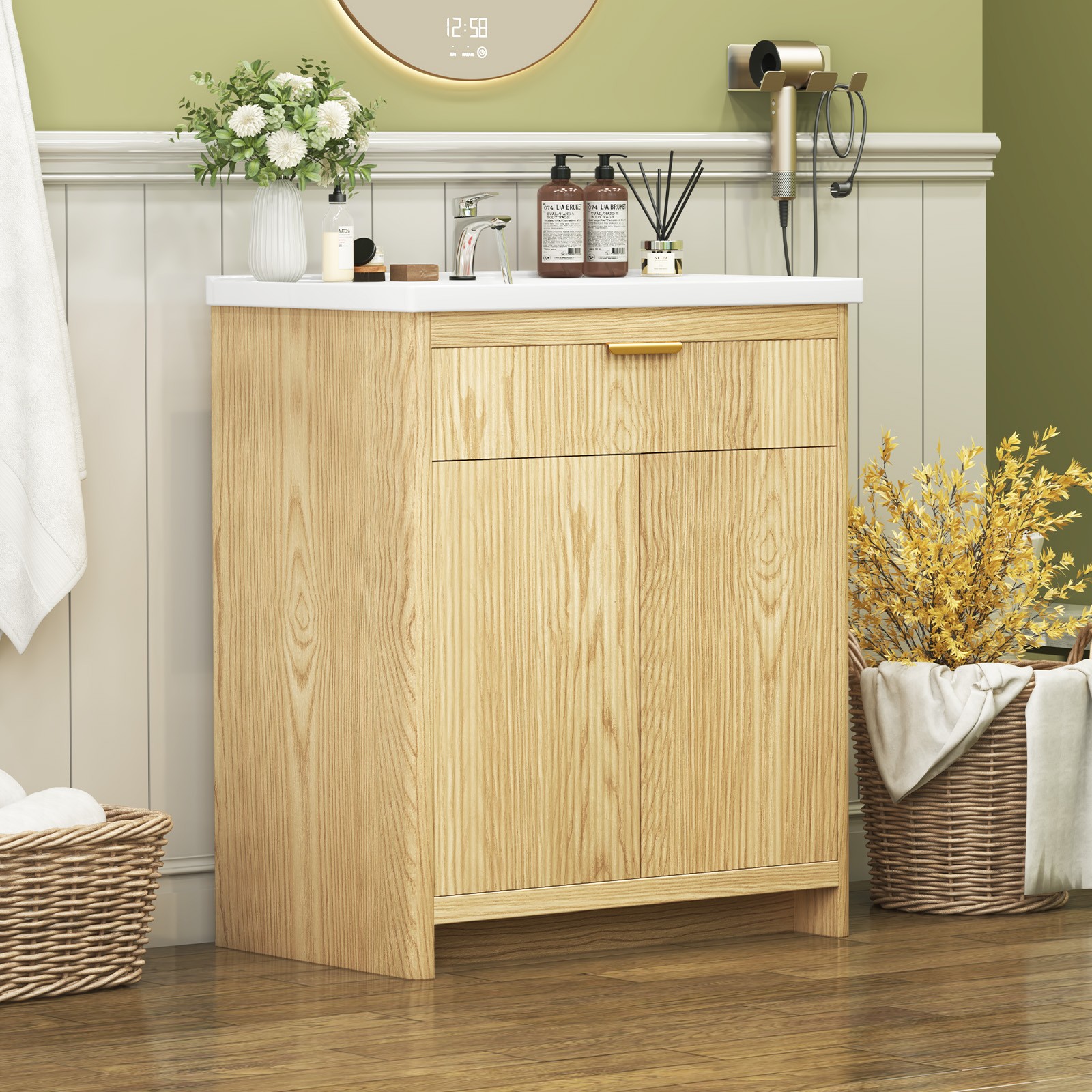 23.6 Inch Elegant Bathroom Vanity Set with Solid Wood Frame with Ceramic Sink