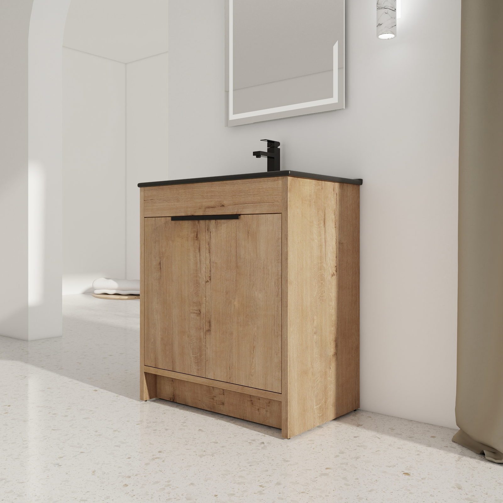 30″ Plywood Freestanding Bathroom Vanity Cabinet W/ Black Sink Soft-Close Door