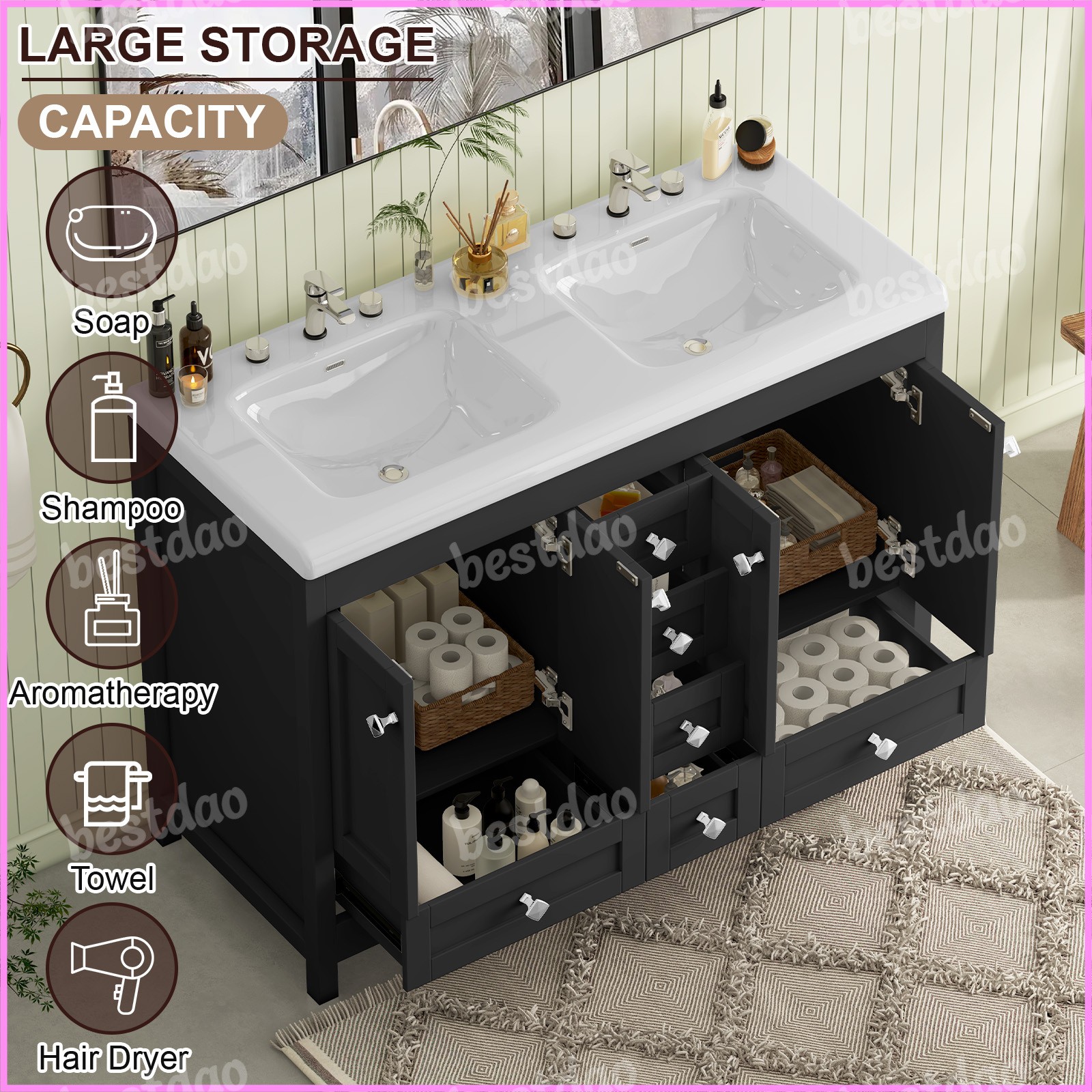 47″ Bathroom Vanity Cabinet with Double Sink Ceramic and 5 Drawers Freestanding