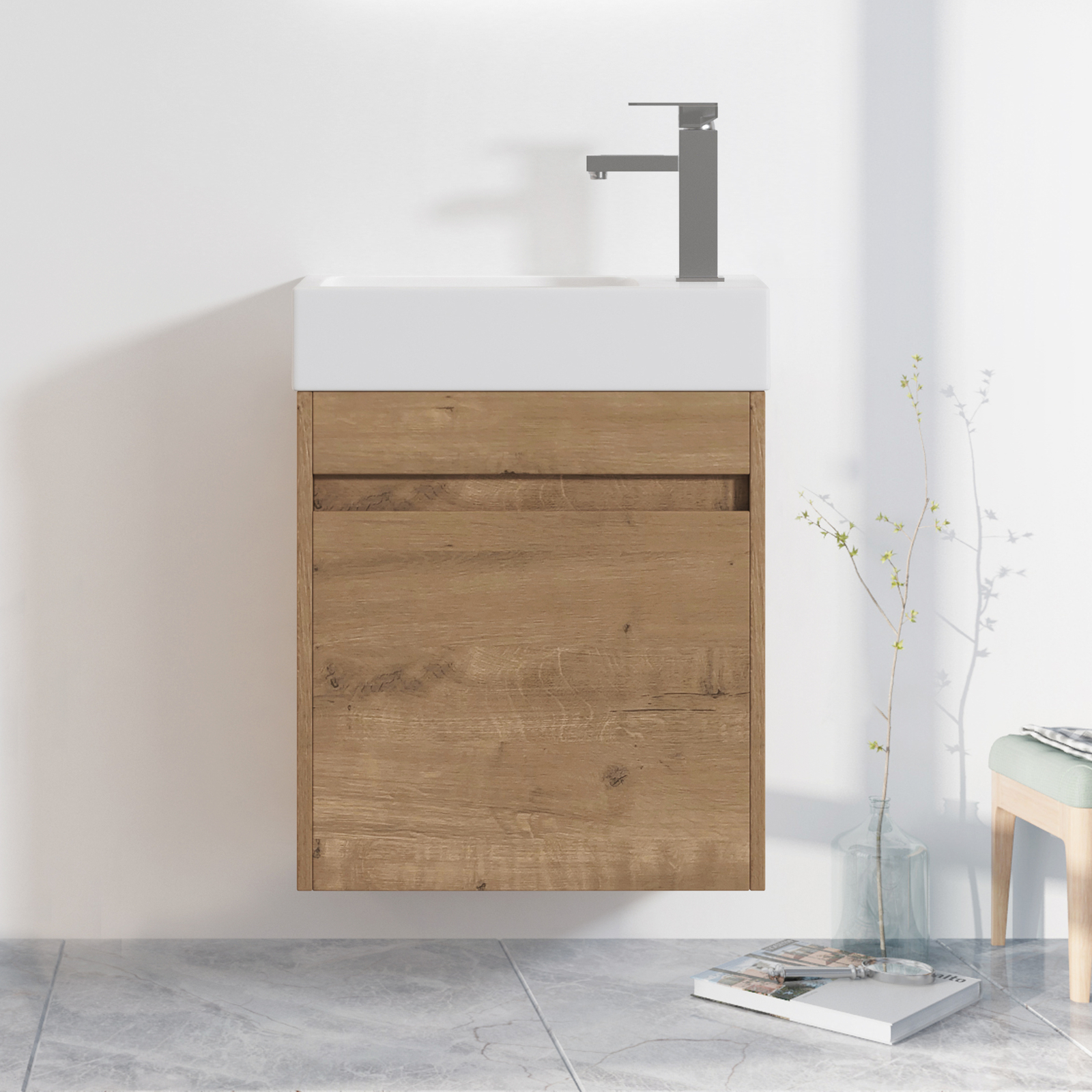 18in Wall Mounted Floating Bathroom Vanity Cabinet W/Resin Sink Oak Small Space