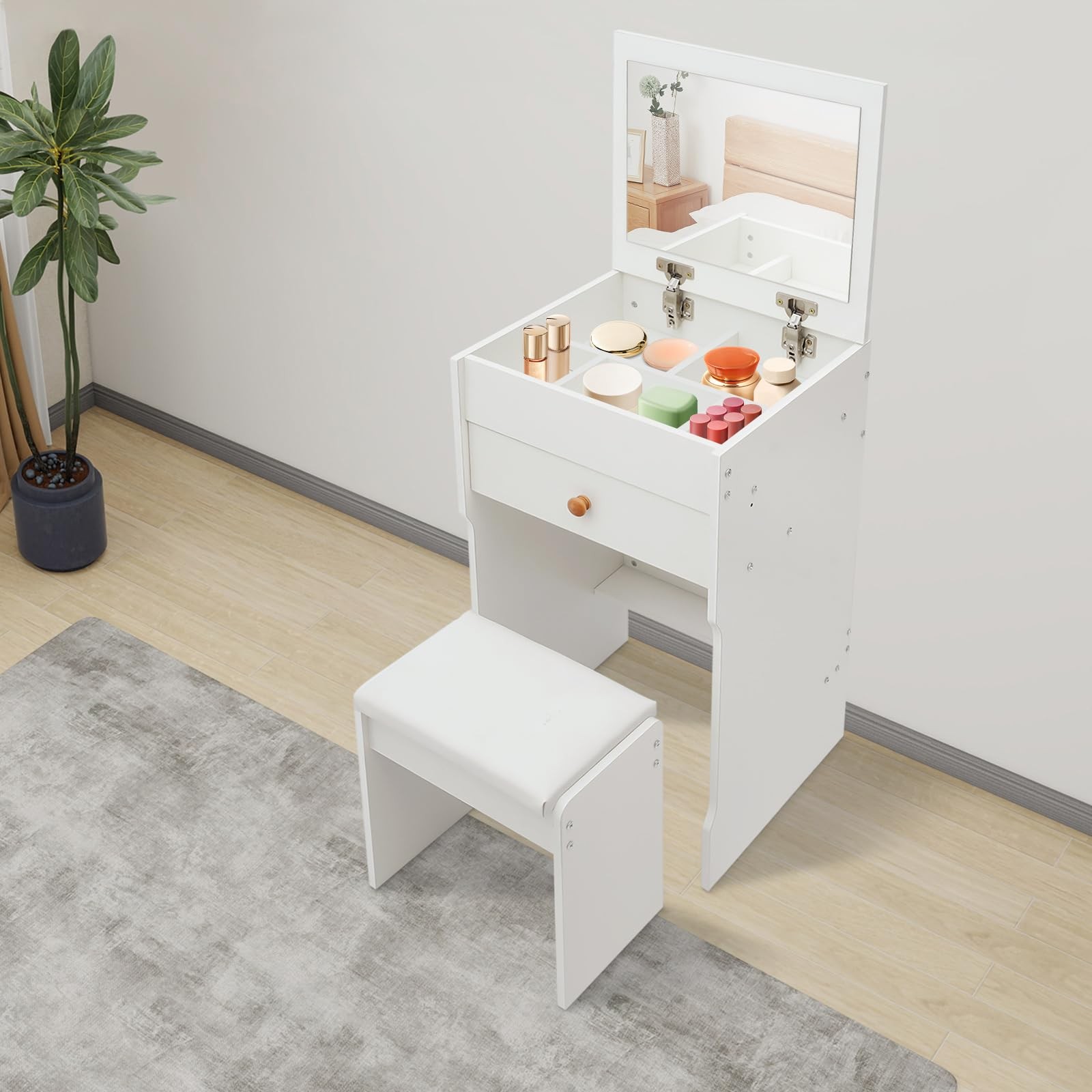3-in-1 Flip Top Makeup Vanity Desk with Mirror Drawer and Cushioned Stool White