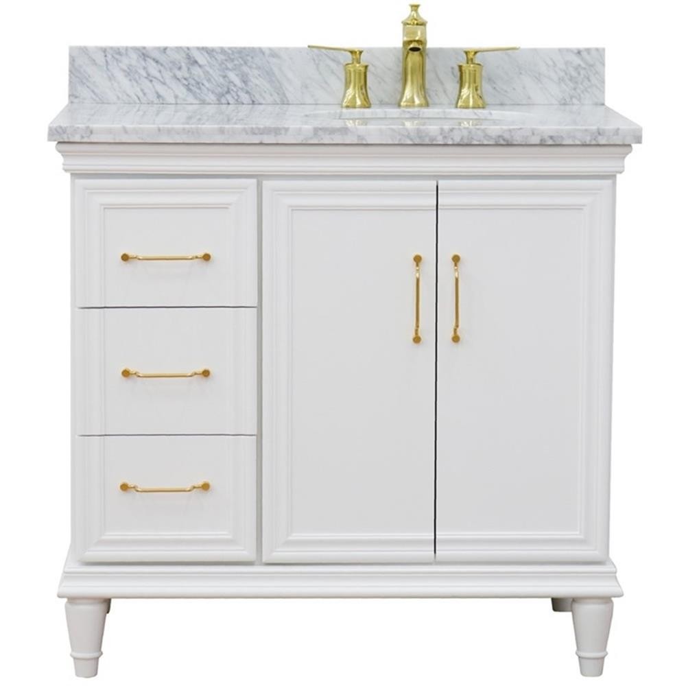 37 in. Single Wooden Vanity White White Carrara Oval Right Door.Right Sink