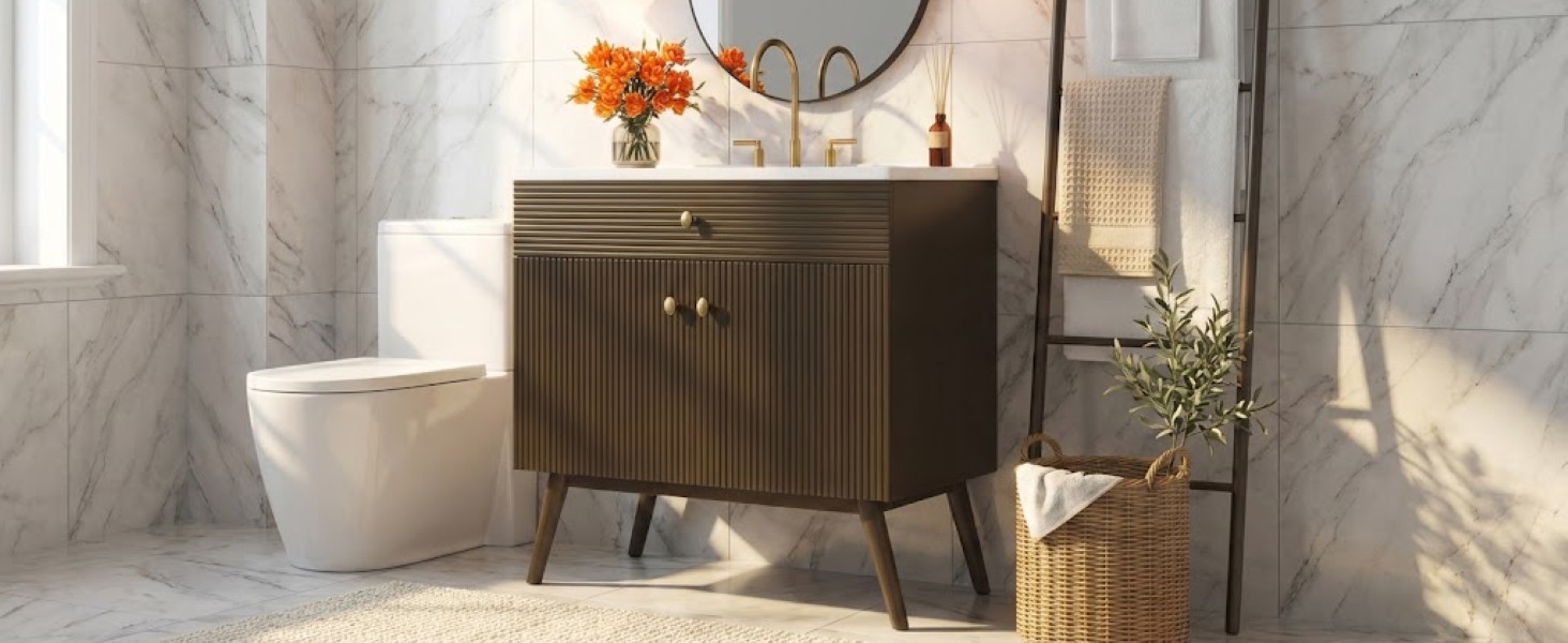 36″ Striped Bathroom Vanity, Soft-Close Dual-Door & Ceramic Sink, Dark Brown