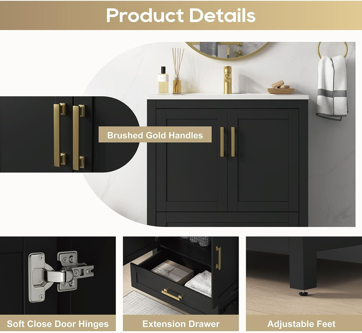 30 Inch Bathroom Vanity with Sink, Black Bathroom Vanity Sink Combo with Large D