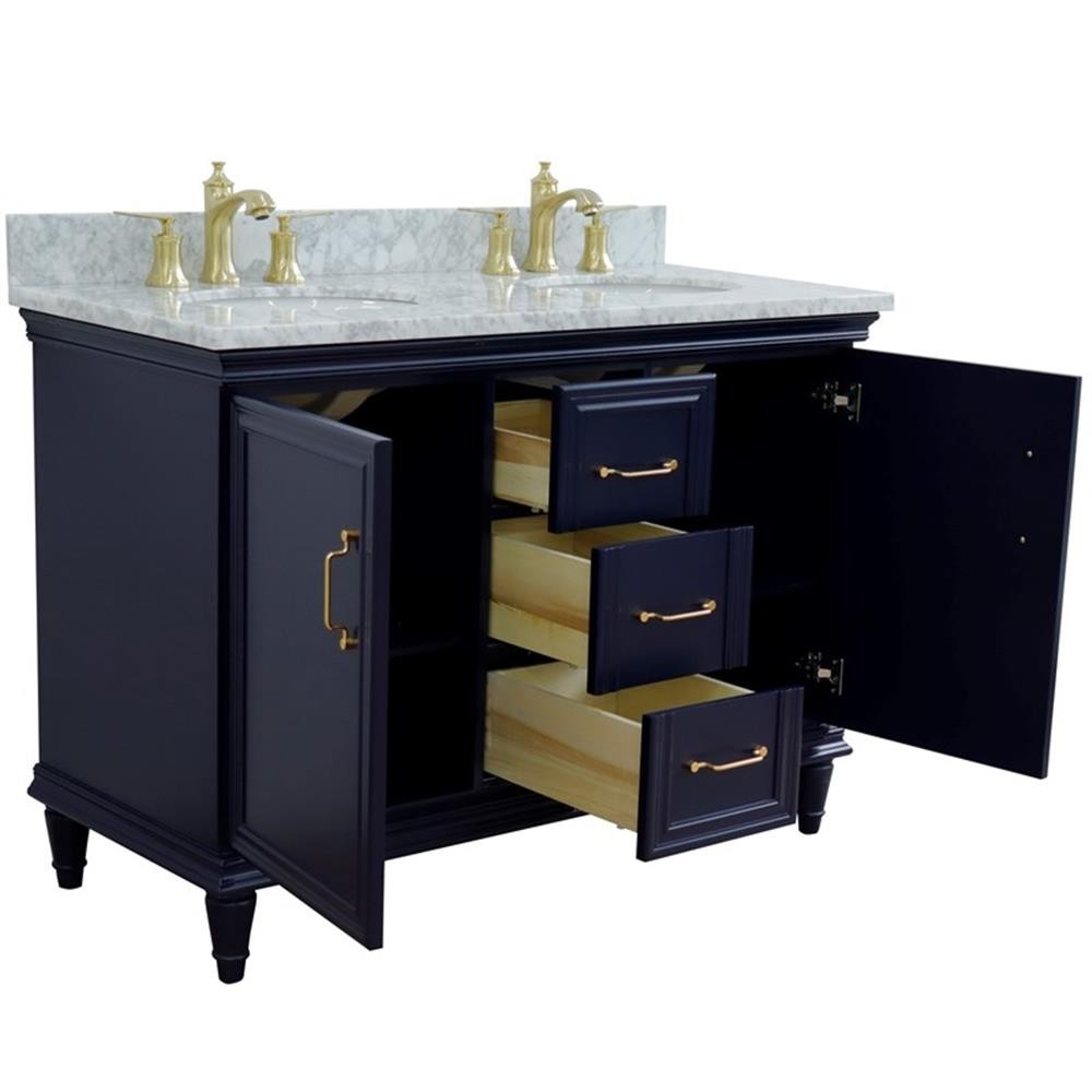 49 in. Double Wooden Vanity Blue with White Carrara Oval Sink
