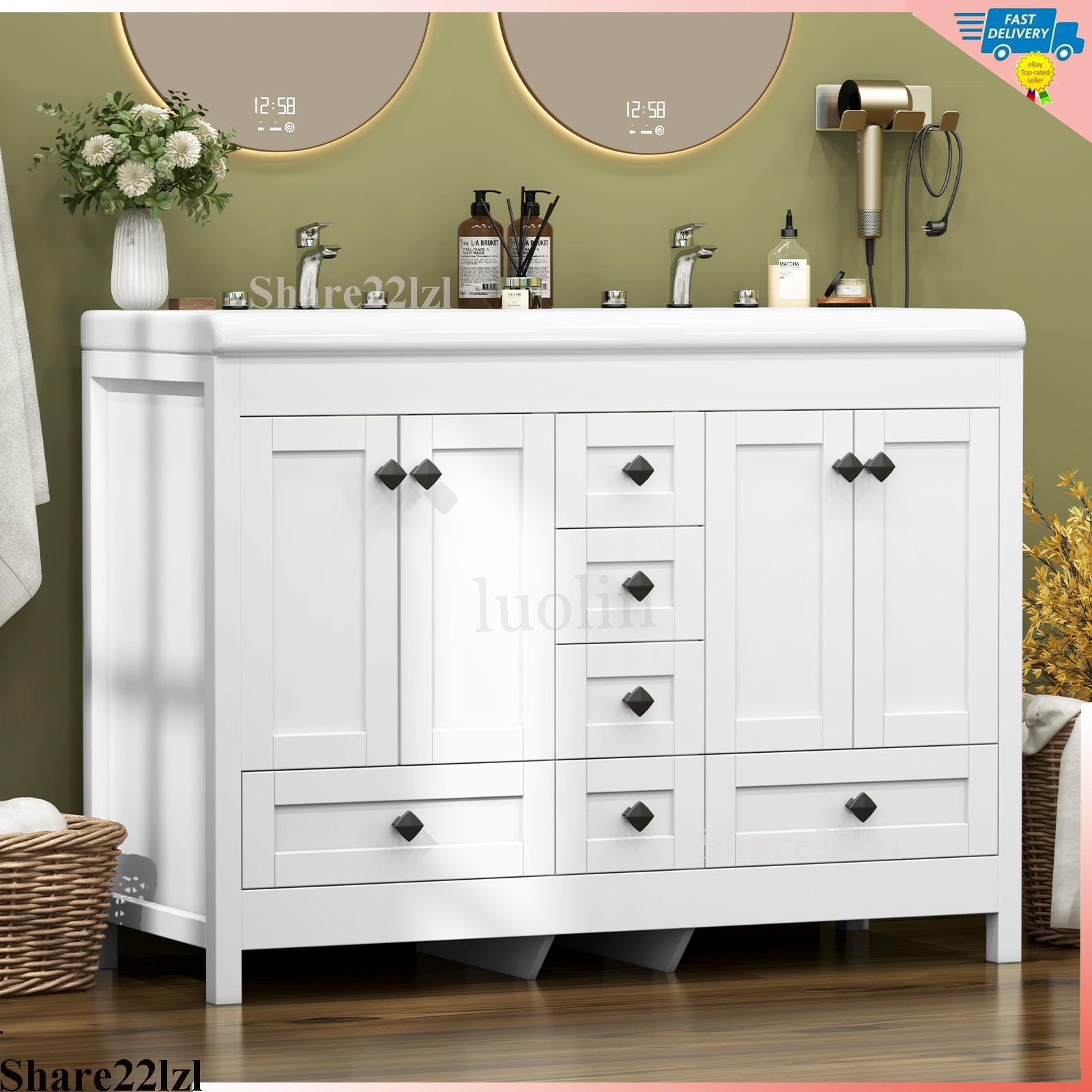 47inch Bathroom Vanity Bathroom Storage Cabinet with Double Ceramic Sink White