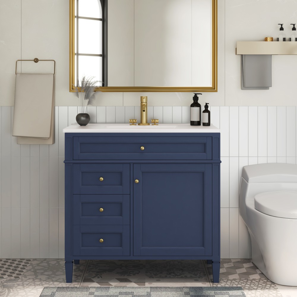 36 Inch Single Sink Bathroom Vanity Gloss Ceramic Top Storage Drawers