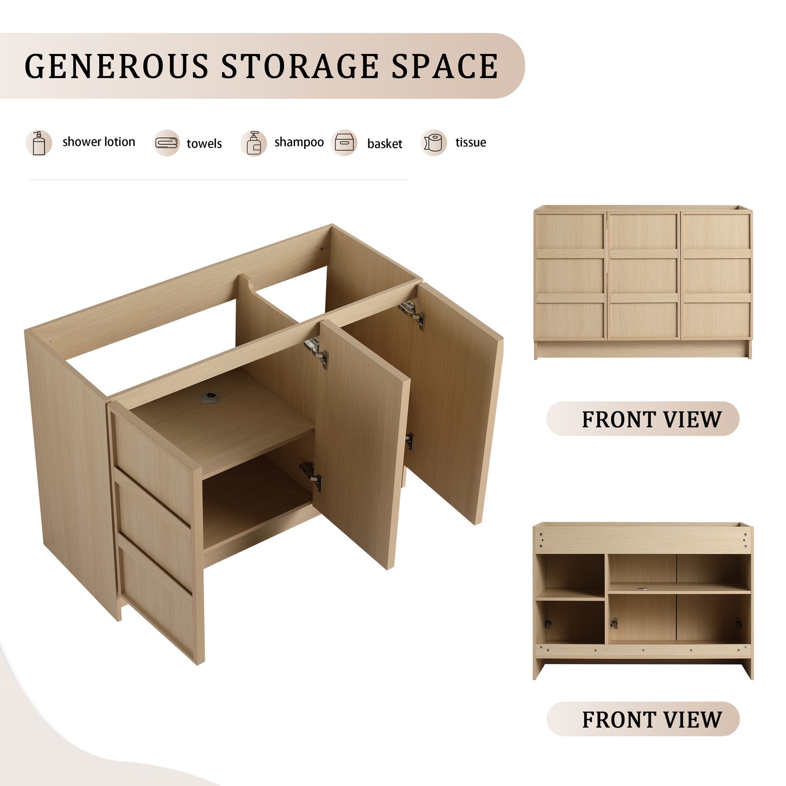48 Inch Plywood Freestanding Bathroom Vanity Cabinet W/ 3 Doors Without Sink
