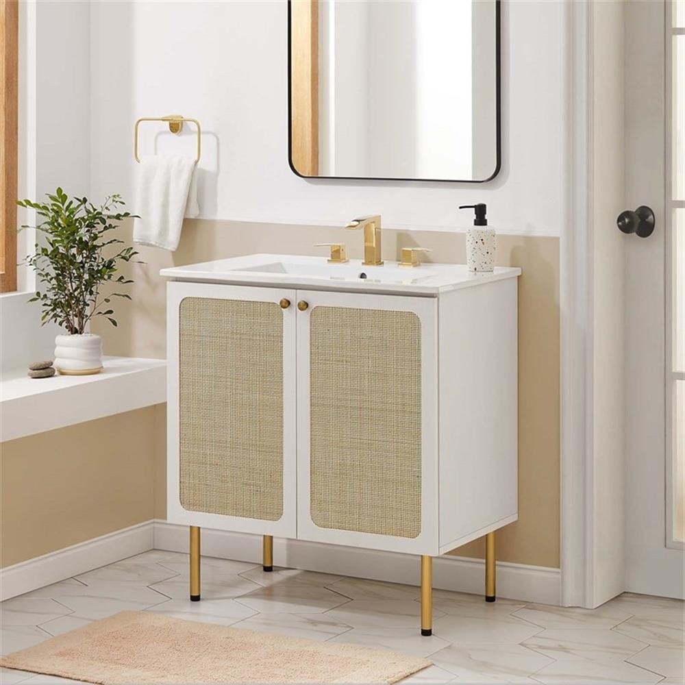 Pemberly Row 30″ Wood & Rattan Bathroom Vanity Cabinet in White