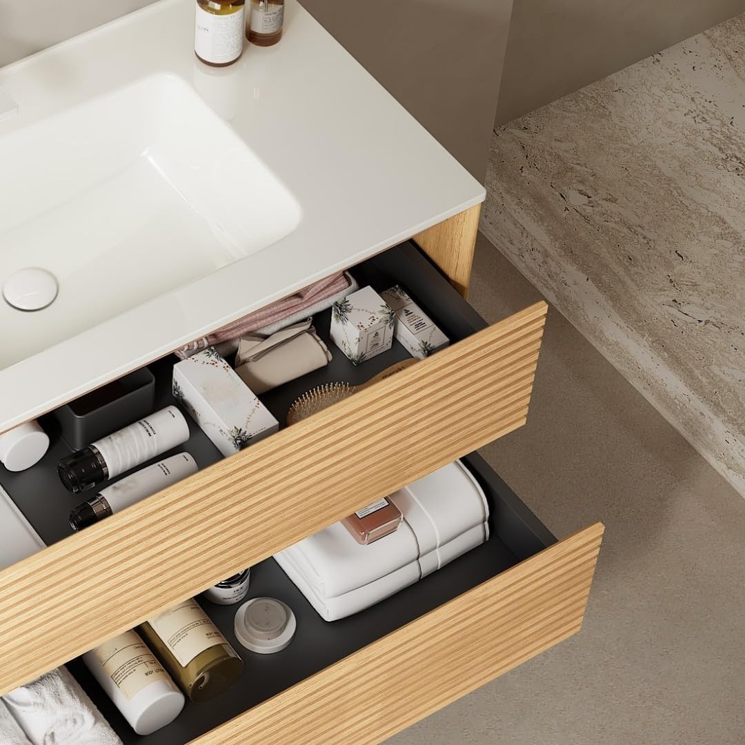 24″ 30″ 36″ Wall Mounted Bathroom Vanity w/Ceramic Sink,2 Drawer Floating Vanity