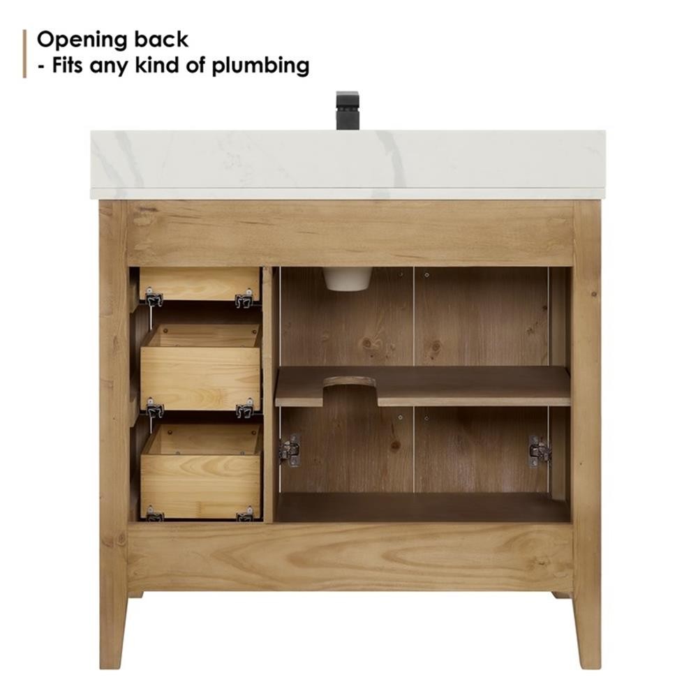 Laurel 36″ Wood Vanity in Weathered Fir Calacatta White Quartz Top no Mirror