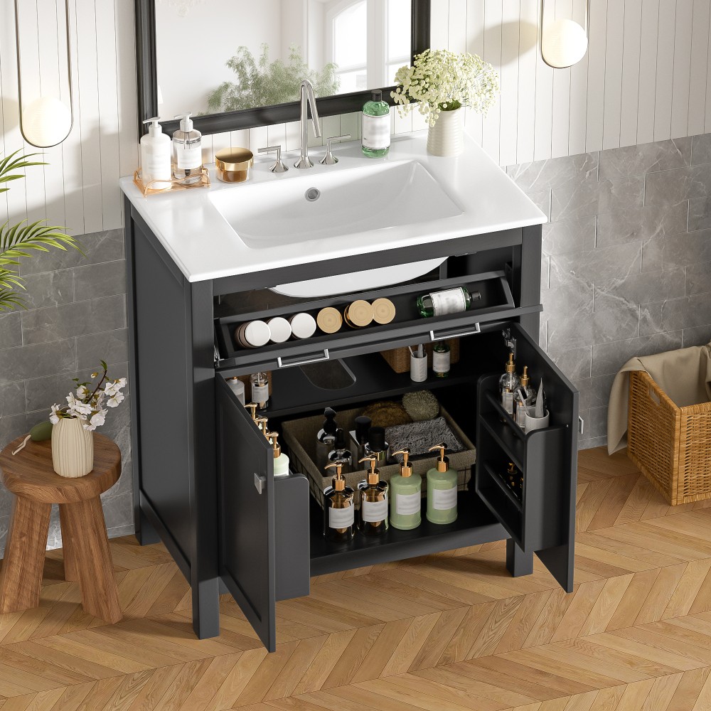30″ MDF Bathroom Vanity Ceramic Sink Soft Close 2 Doors Adjustable Shelf Storage