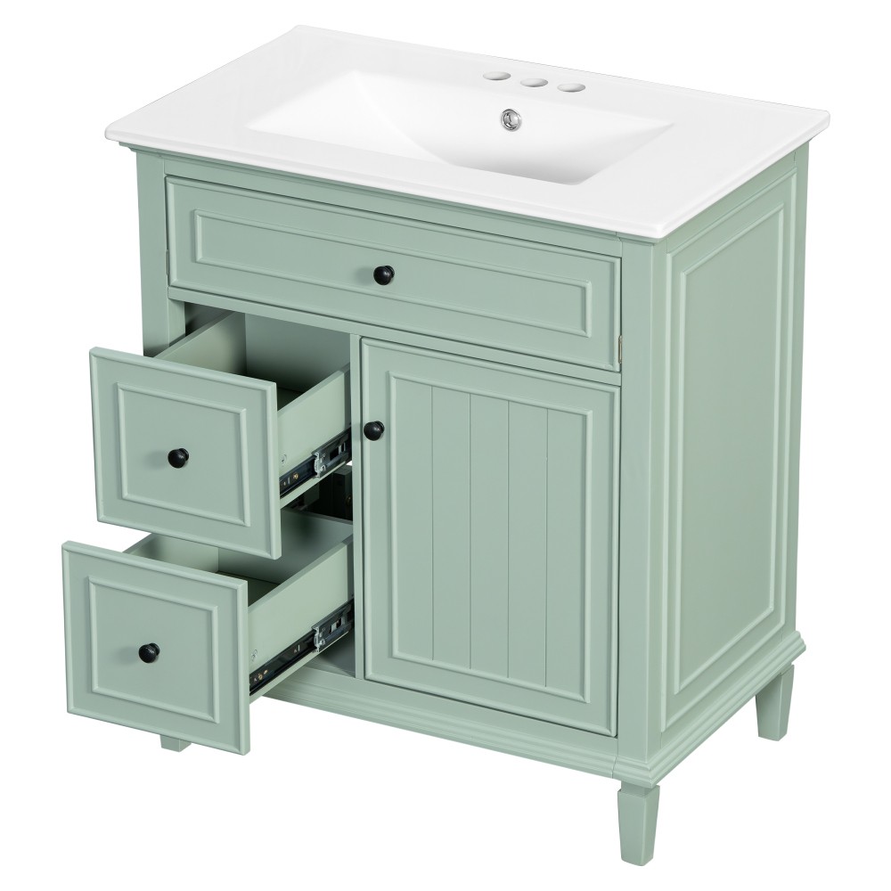 30″ Green Bathroom Vanity with Ceramic Sink Solid Wood MDF Cabinet