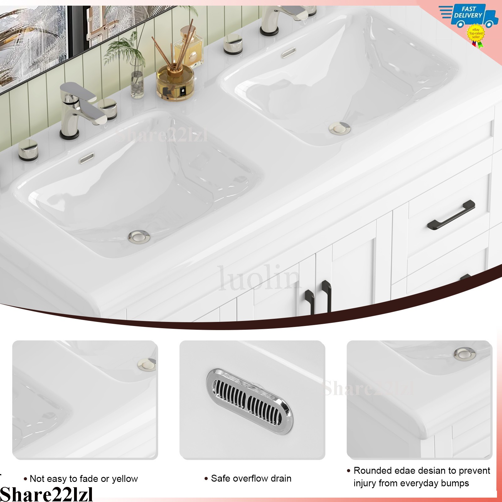 47″ Bathroom Vanity w/Double Ceramic Sink, Freestanding Vanity Cabinet Storage