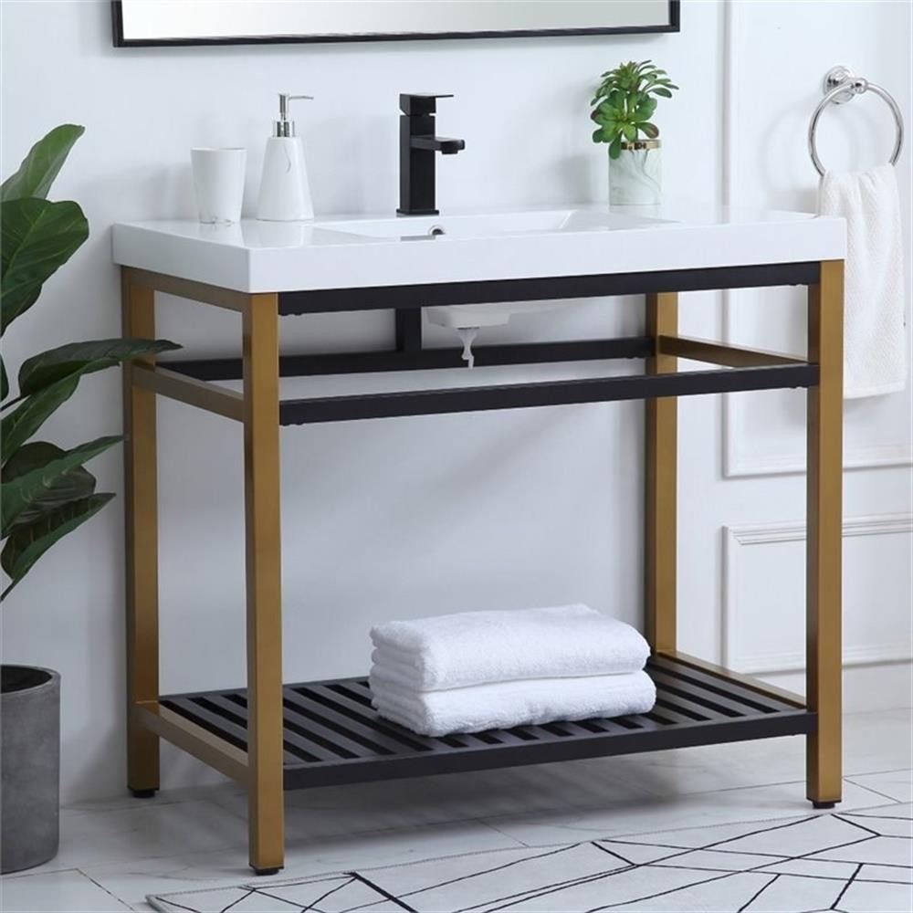 Pemberly Row 36″ Single Resin Top Metal Bathroom Vanity in Gold and Black