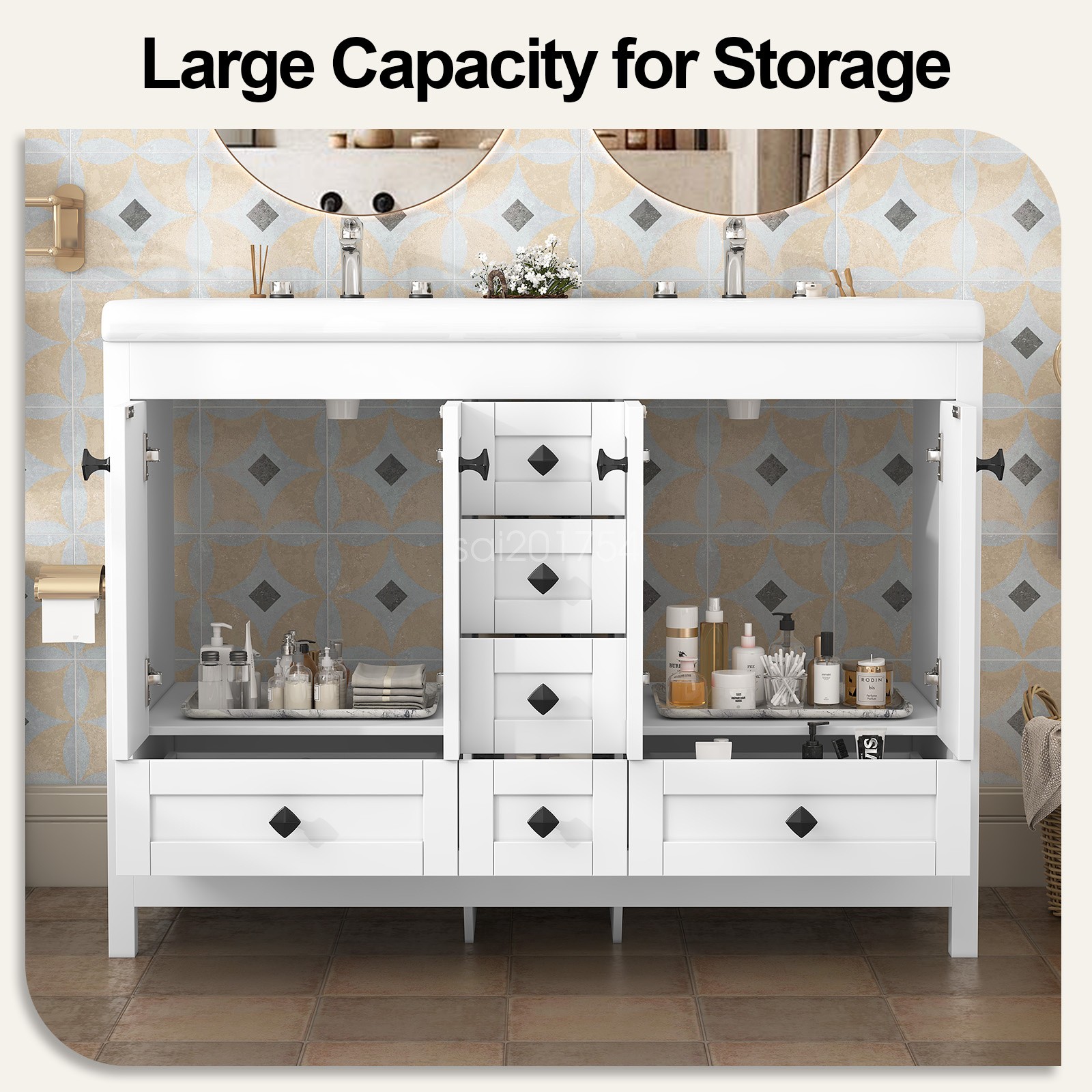 47.3″ Bathroom Vanity Freestanding Double-Basin Ceramic Sink Cabinet Washbasin