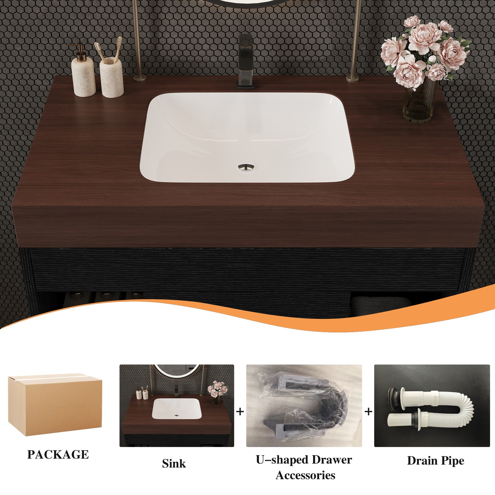 29.9″ Floating Bathroom Vanity with Sintered Stone Top & Ceramic Sink