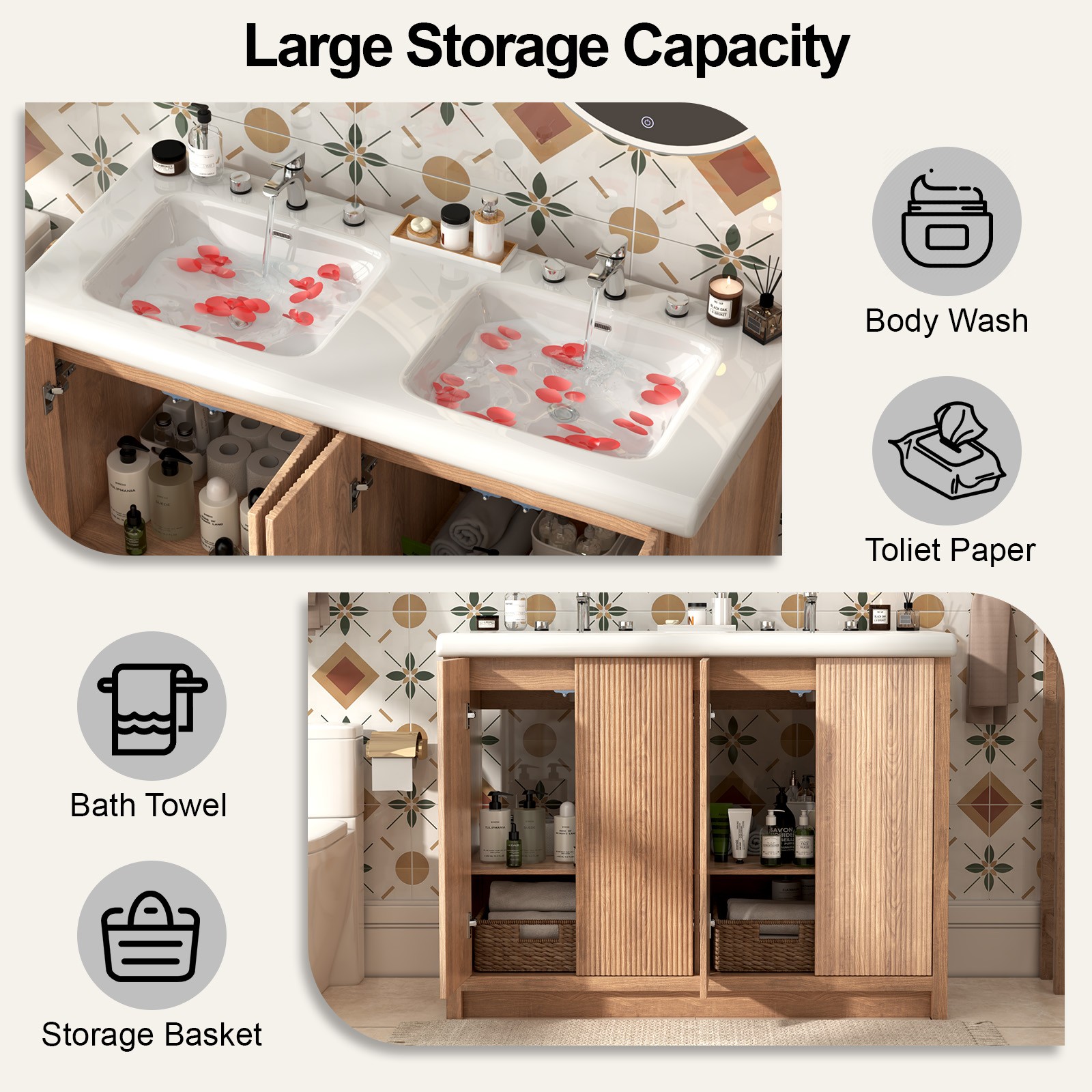 47in Freestanding Double Sink Vanity Cabinet Storage Vanity Bathroom