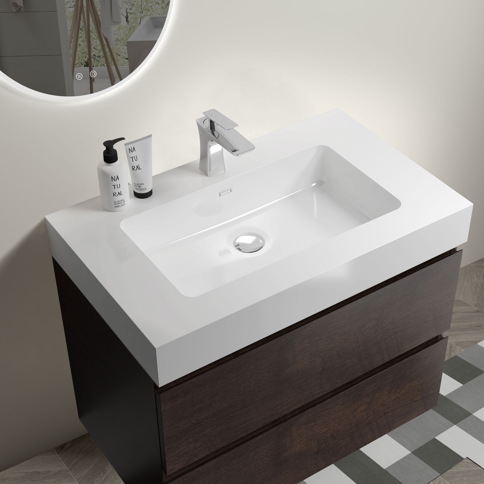 30″ Walnut Bathroom Vanity with Sink Wall Mounted Floating Design White Basin