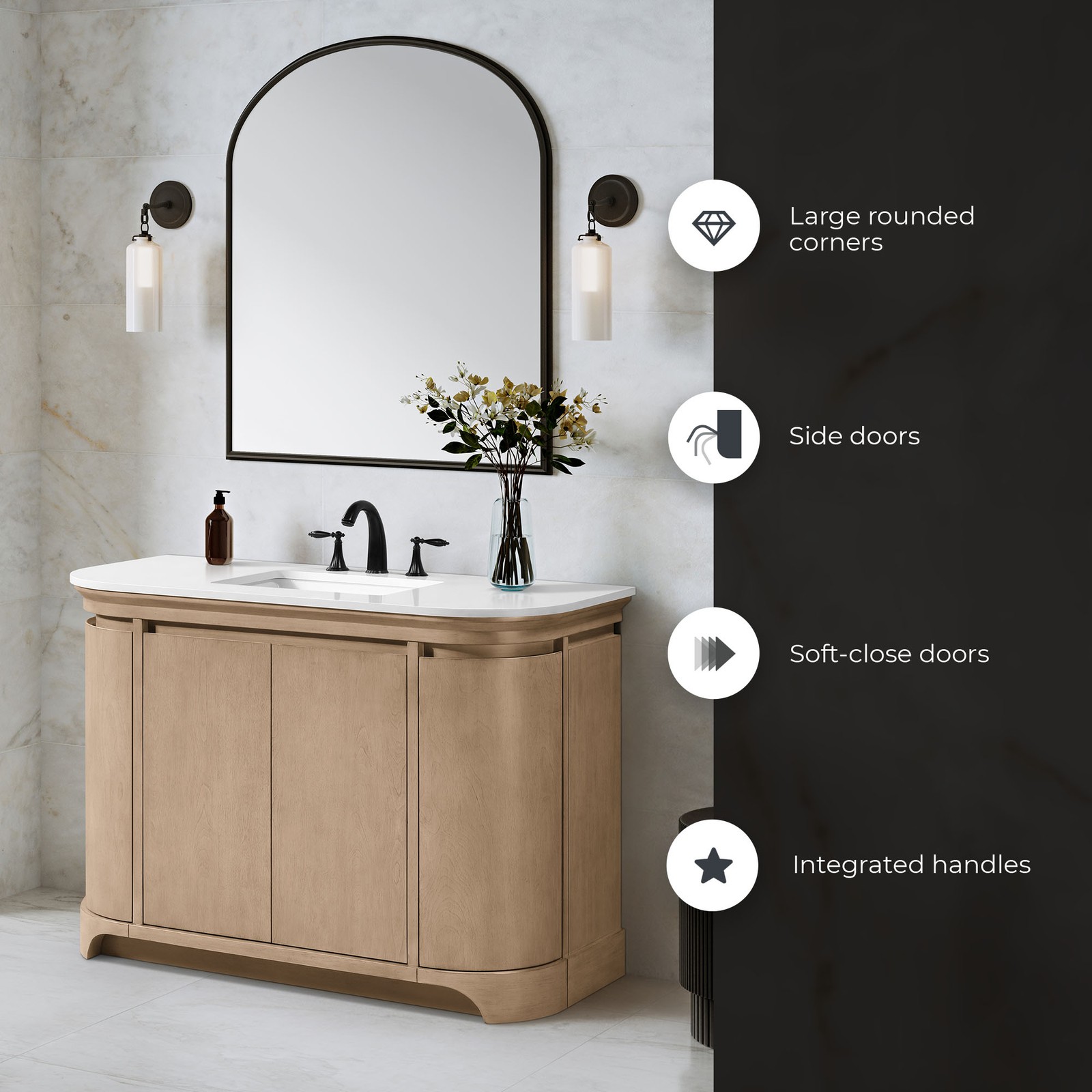 Dain 48″ Bathroom Vanity in Sahara Birch with White Countertop