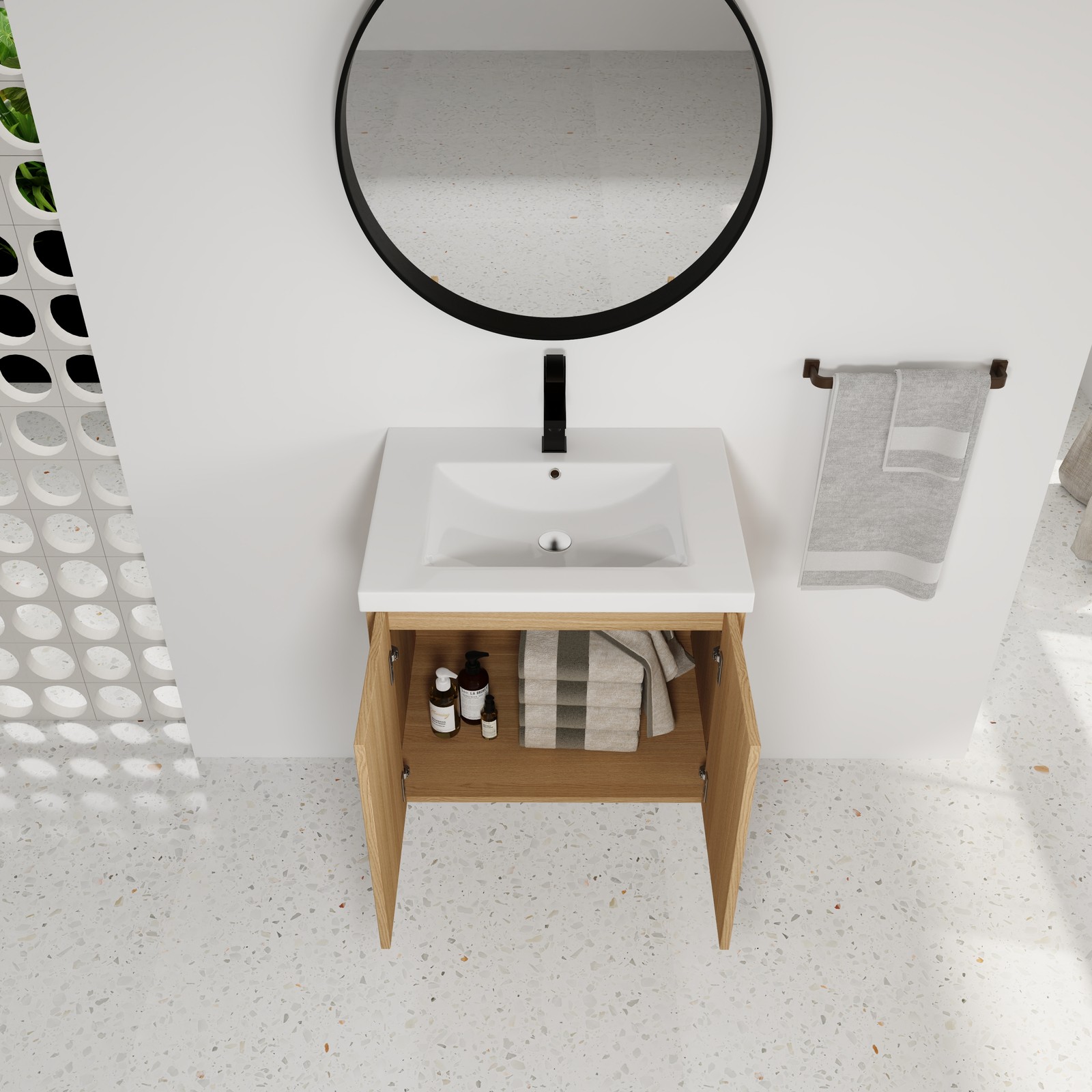 24″ Floating Bathroom Vanity with Sink, Light Oak Cabinet, Wall Mounted