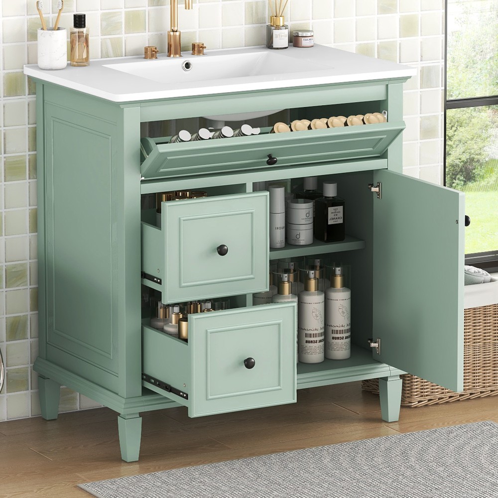 30″ Green Bathroom Vanity with Ceramic Sink Solid Wood MDF Cabinet