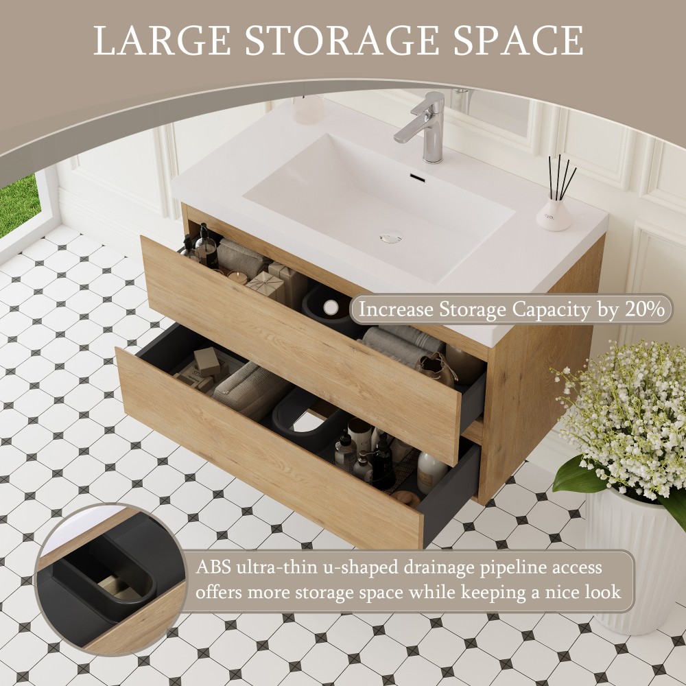 36″ Floating Vanity with Sink, Soft Close Drawers, Natural Oak Wall Cabinet