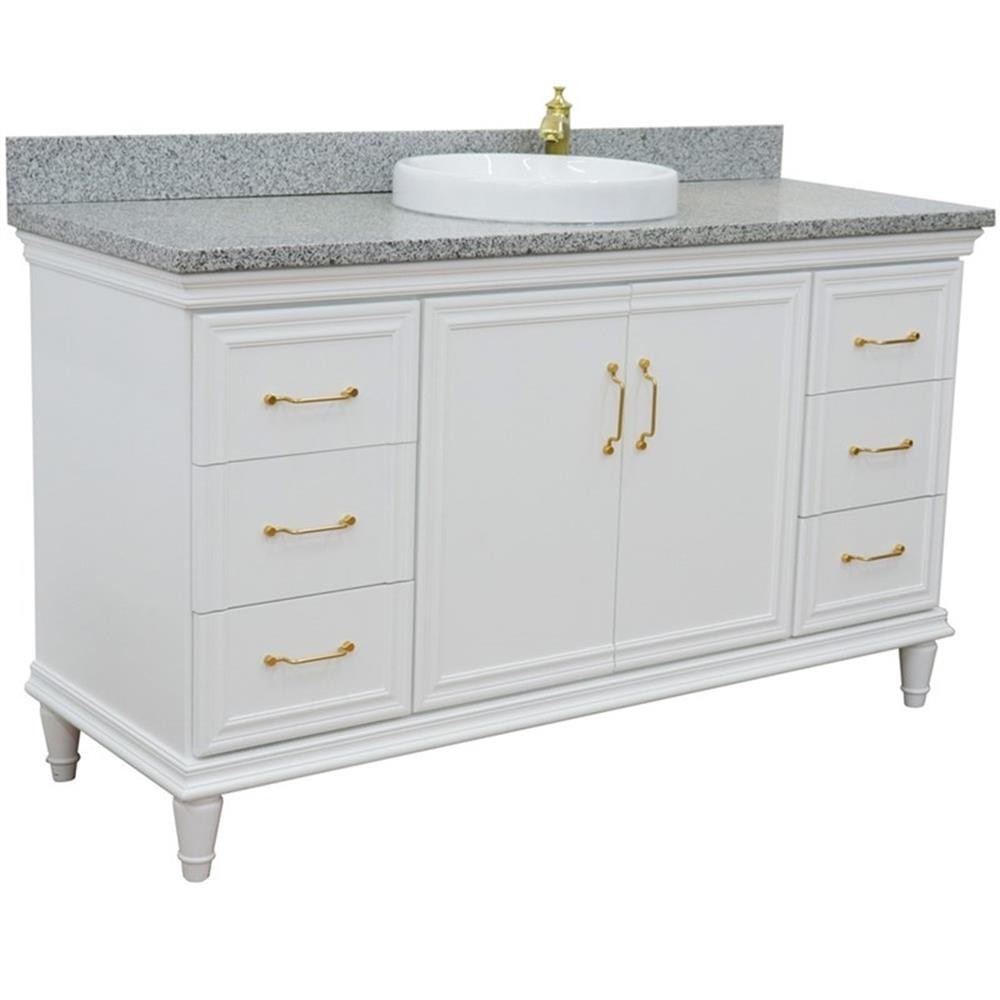 61 in. Single Wooden Vanity White with Gray Granite Round Sink
