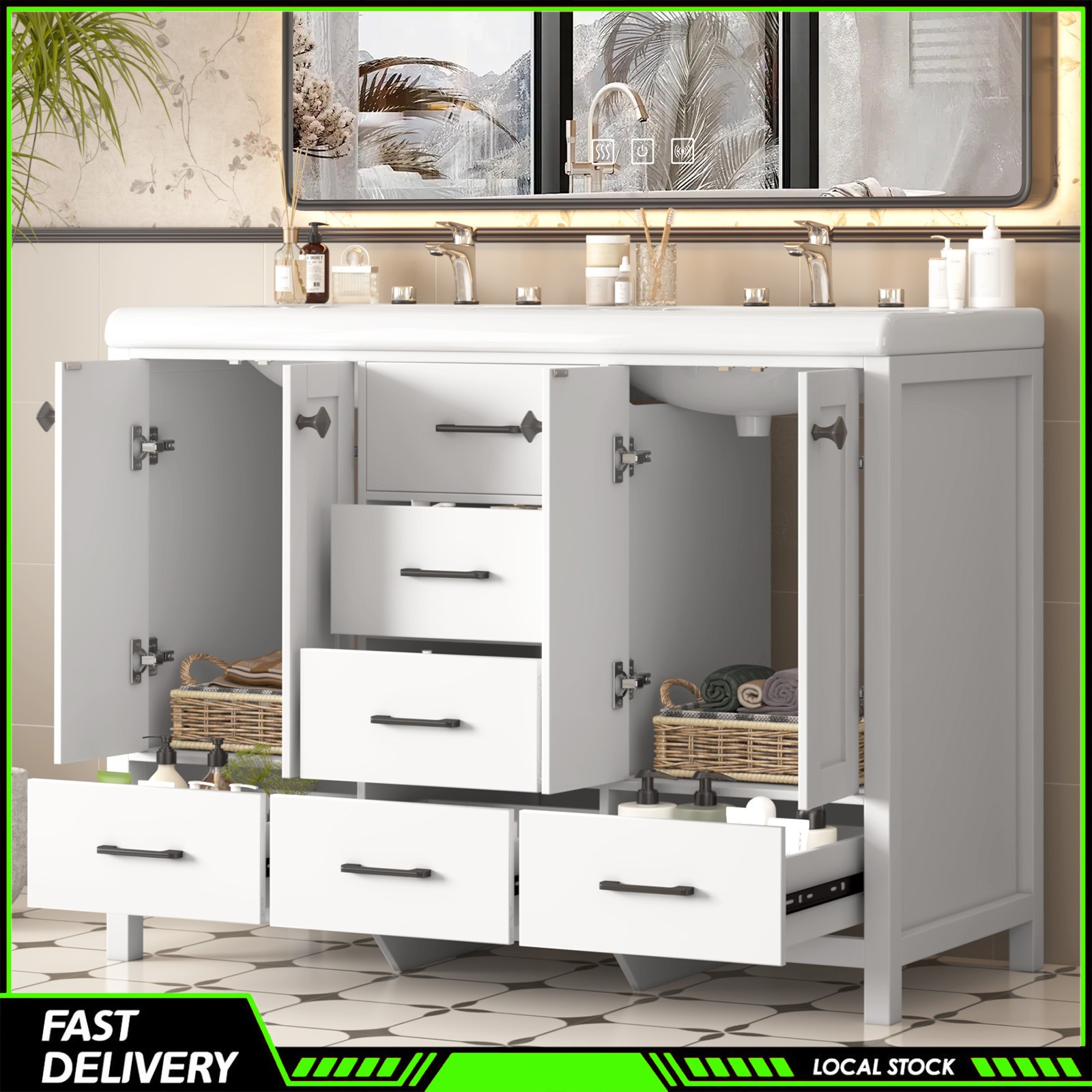 Double Ceramic Sinks 47.3″ Bathroom Vanity Freestanding Cabinet Storage Space