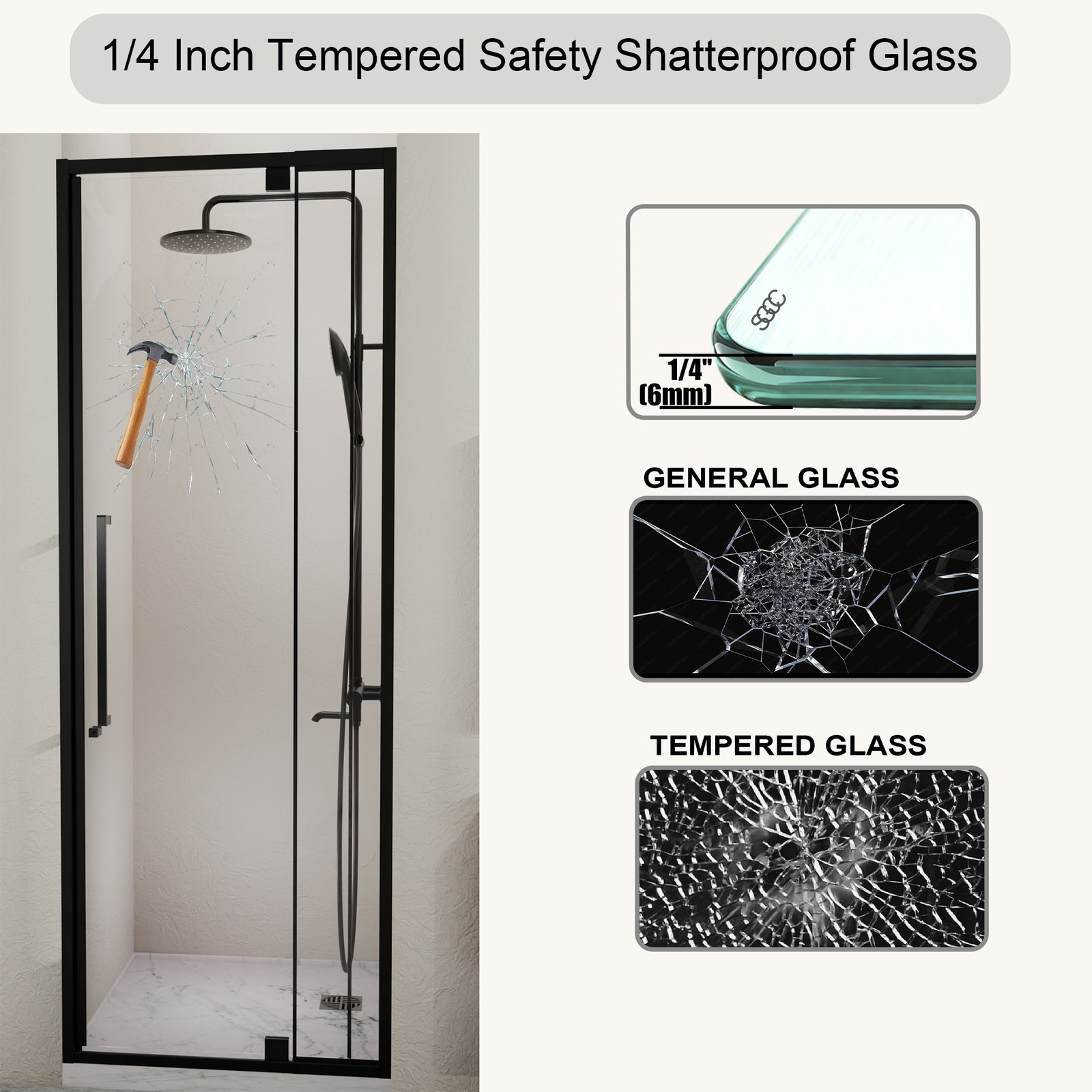 Semi-Frameless Pivot Hinged Shower Door 44-48″W x 72″H Matte Black