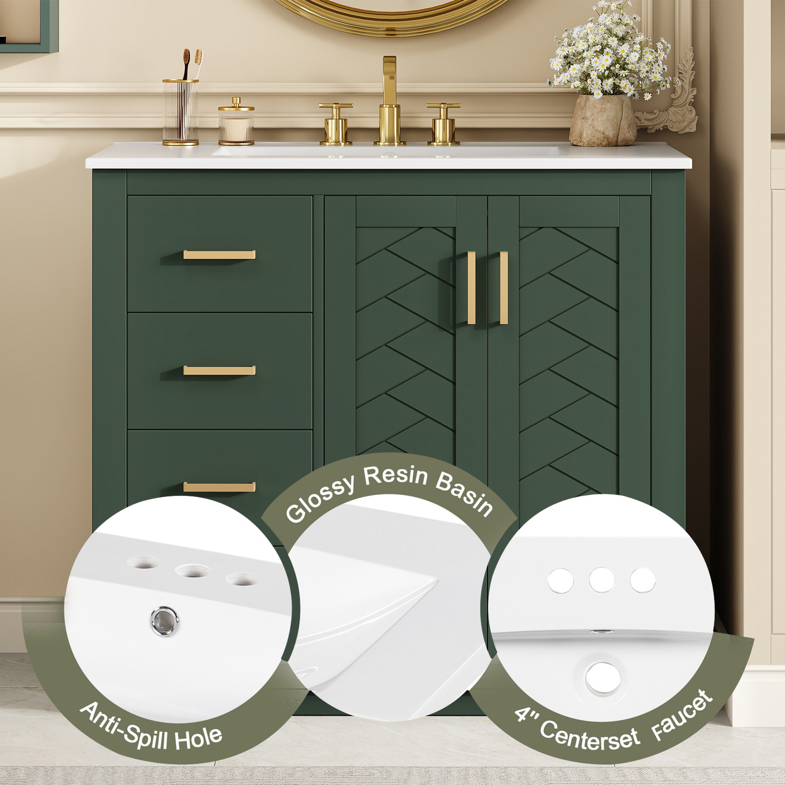 36″ Bathroom Vanity with Ceramic Sink, Solid Wood Frame, 3 Drawers