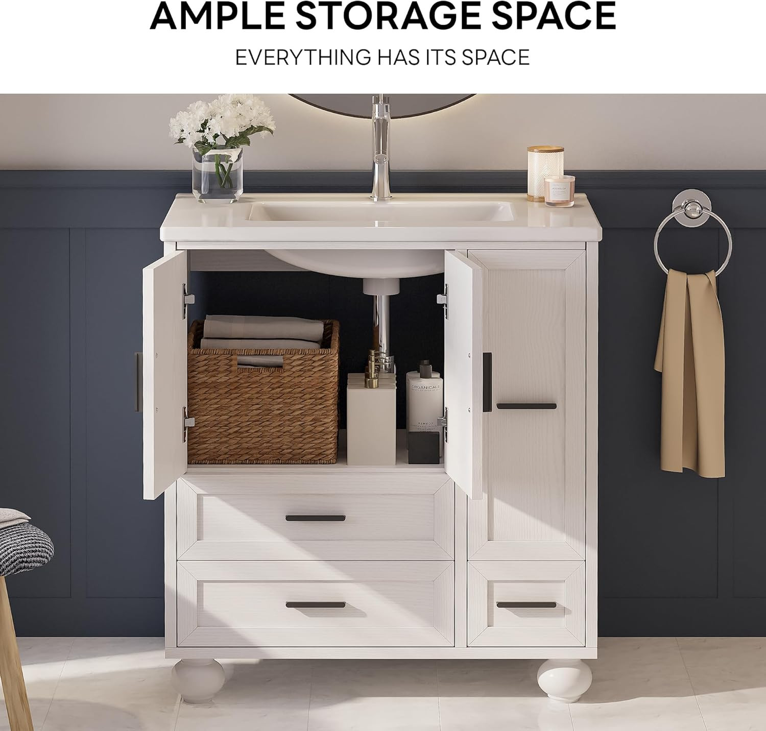 Modern 29.5″ Bathroom Vanity with Sink, Hair Tool Drawer & Quick Assembly
