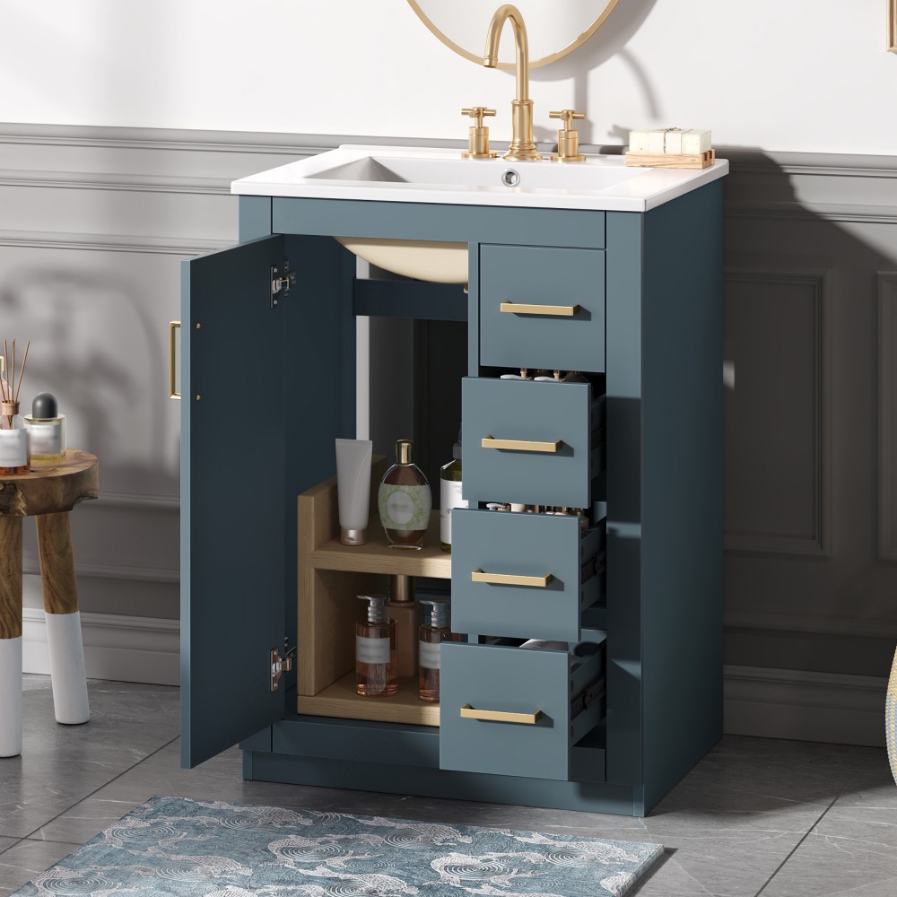24in Bathroom Vanity Integrated Ceramic Sink 1 Door 3 Drawers
