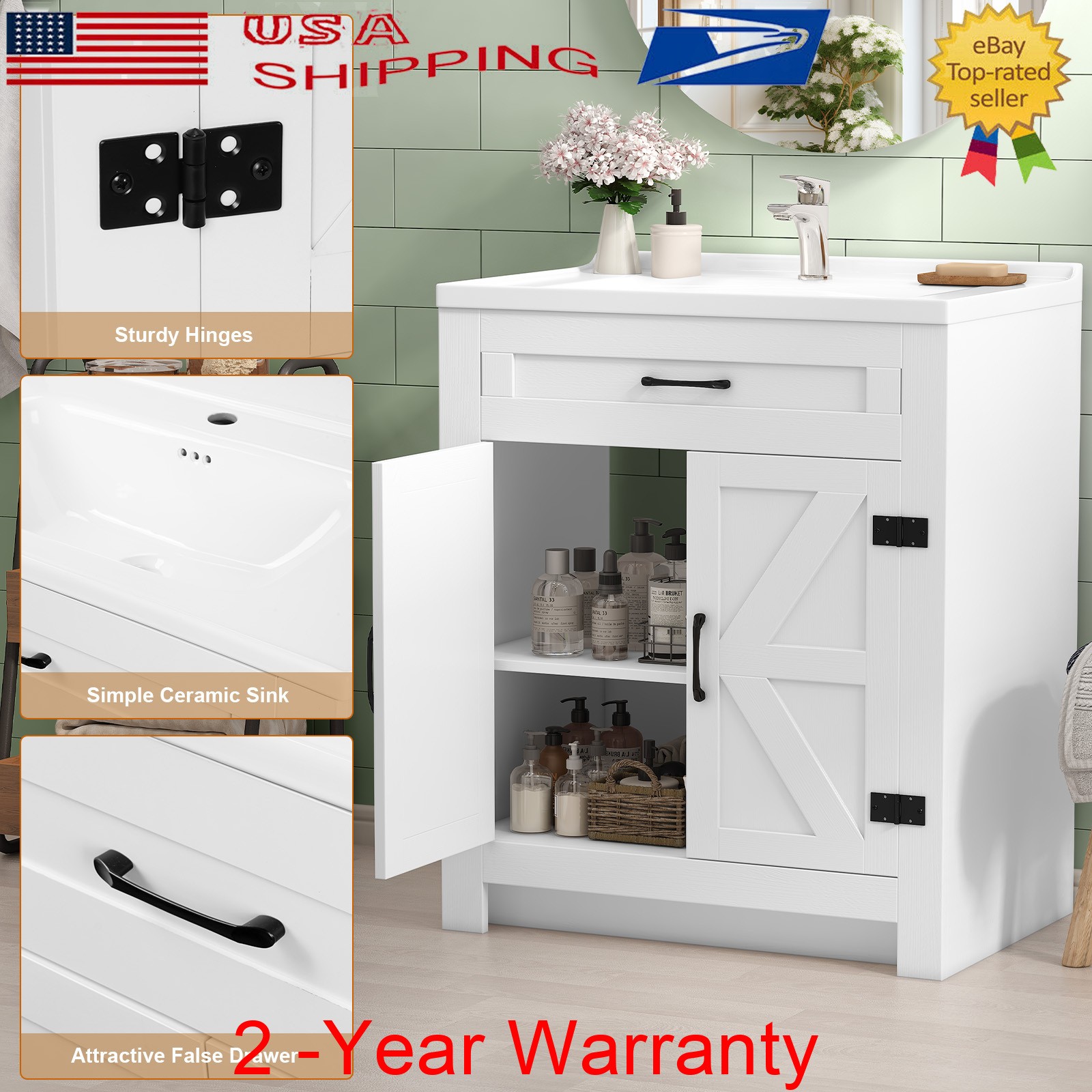 31” Bathroom Vanity Combo with Drop in Ceramic Sink Storage Cabinet Set White