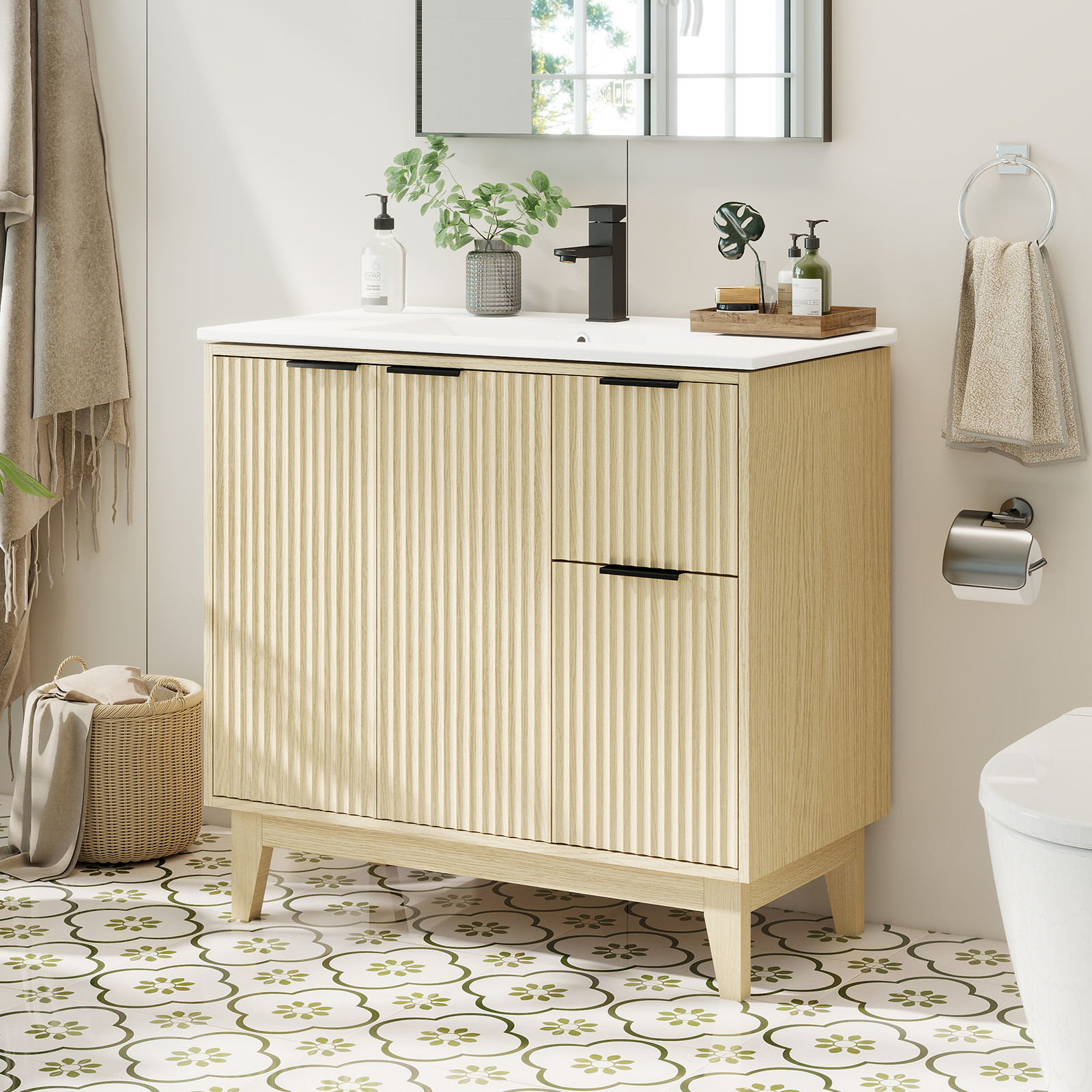 Soft-Close Bathroom Vanity | 36″ Modern Light Oak Cabinet with Undermount Sink