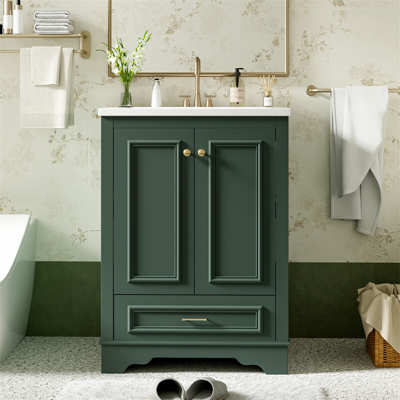 24” Bathroom Vanity with Ceramic Sink Combo Green Cabinet w/Doors & Drawers