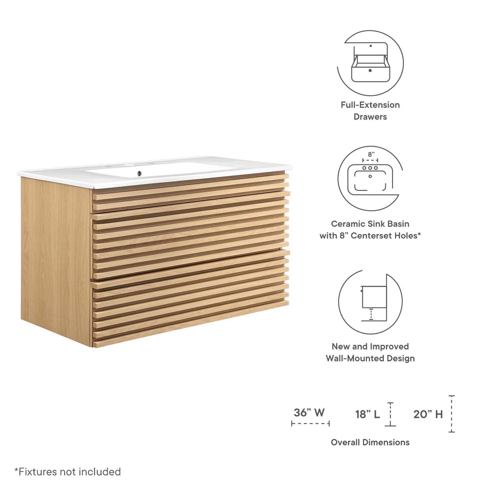 Modway Render 36″ Wall-Mount Bathroom Vanity in Oak White