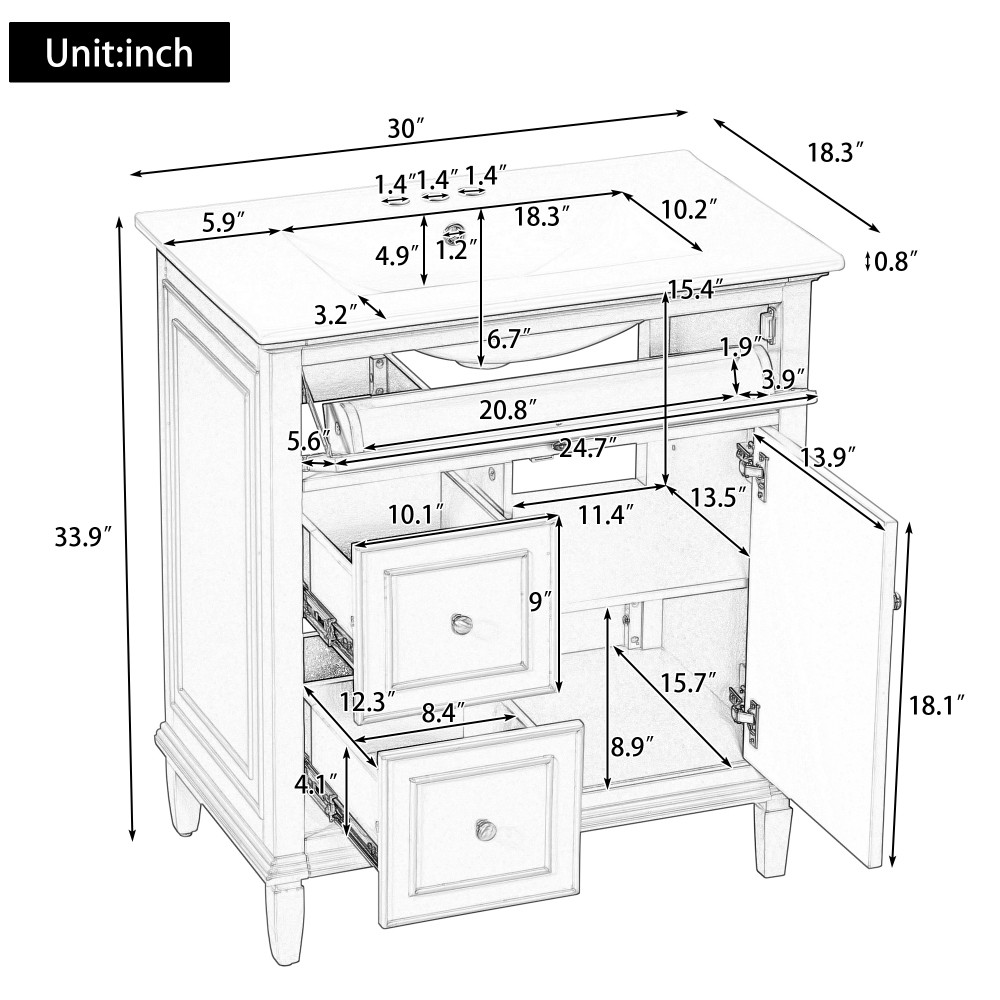 30″ Green Bathroom Vanity with Ceramic Sink Solid Wood MDF Cabinet