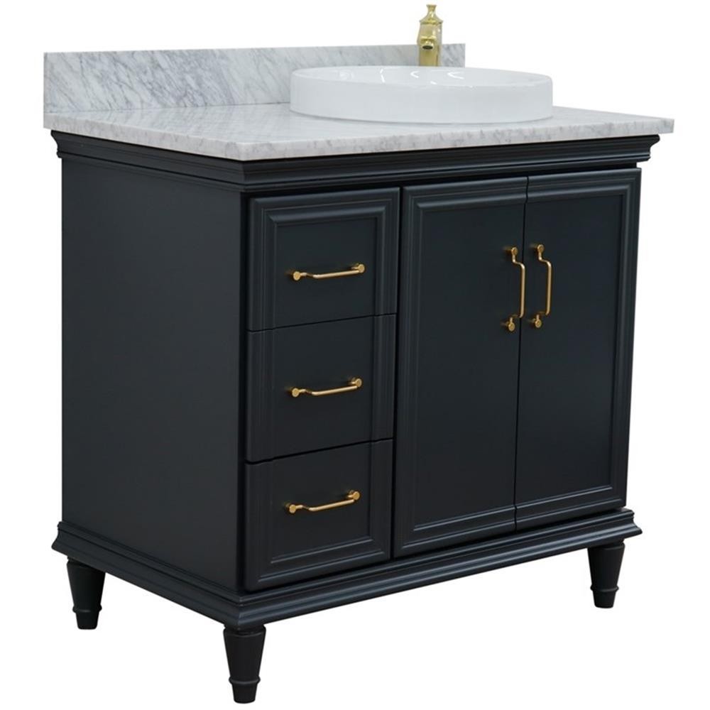 37 in. Single Wooden Vanity Dark Gray White Carrara Round Right Door.Right Sink