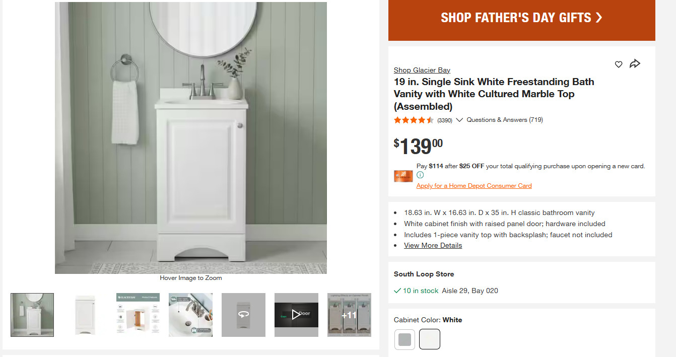 Pallet Sale – 8 Boxes – Glacier Bay 18in Vanity w/Top