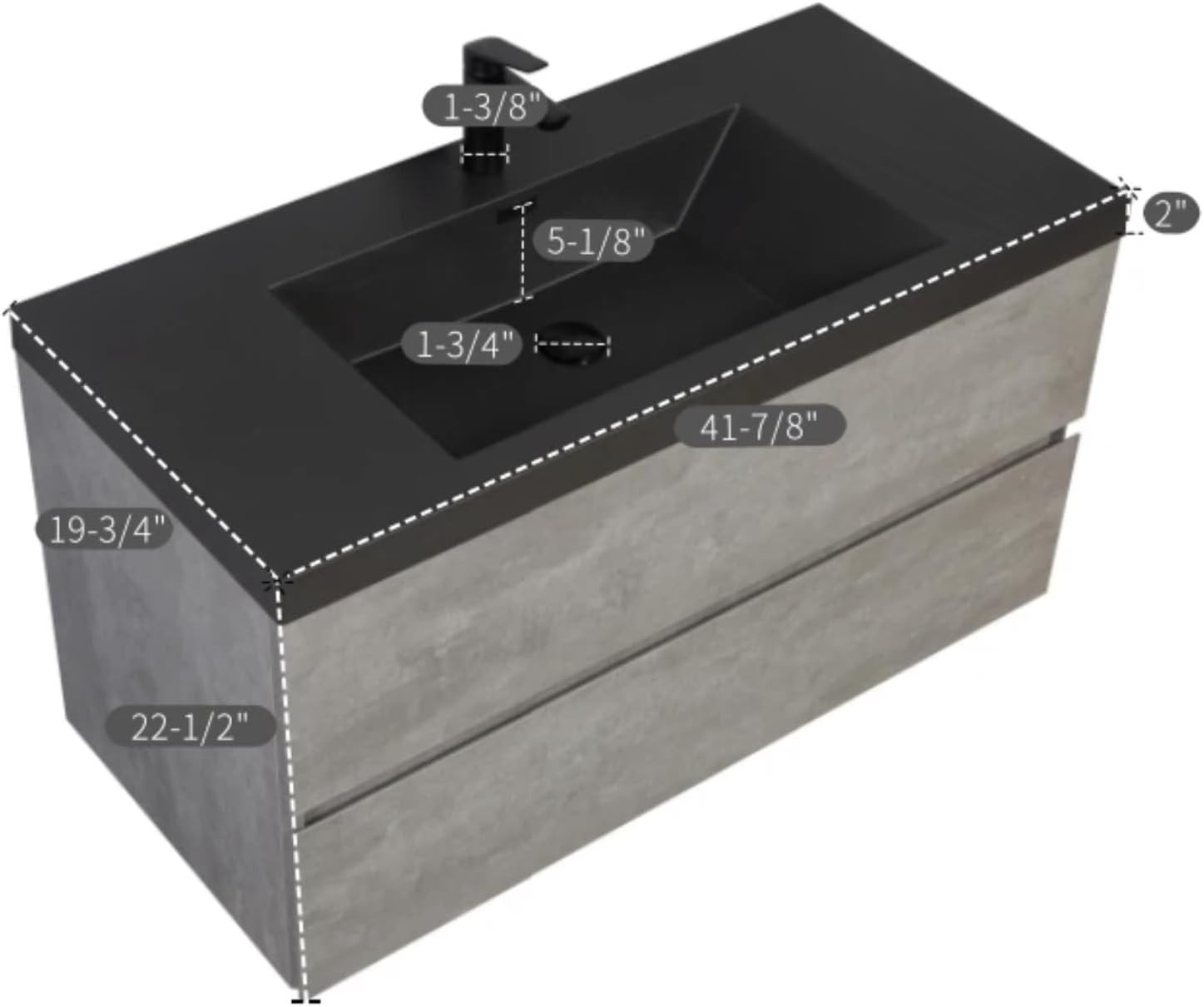 Modern 42″ Floating Bathroom Vanity with Quartz Sink & U-Shaped Drawers, Grey